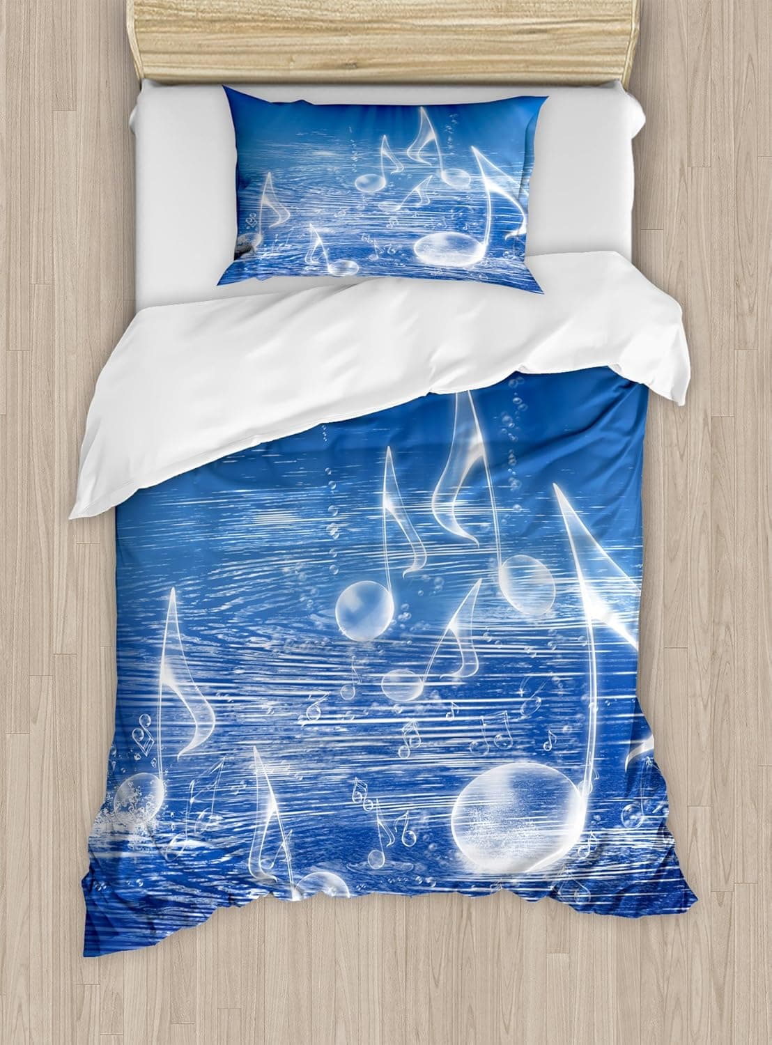 Ambesonne Music Duvet Cover Set, Water Musical Notes Bubbles Dancing Waves Fantasy More Than Real Theme, Decorative 2 Piece Bedding Set with 1 Pillow Sham, Twin Size, Blue White