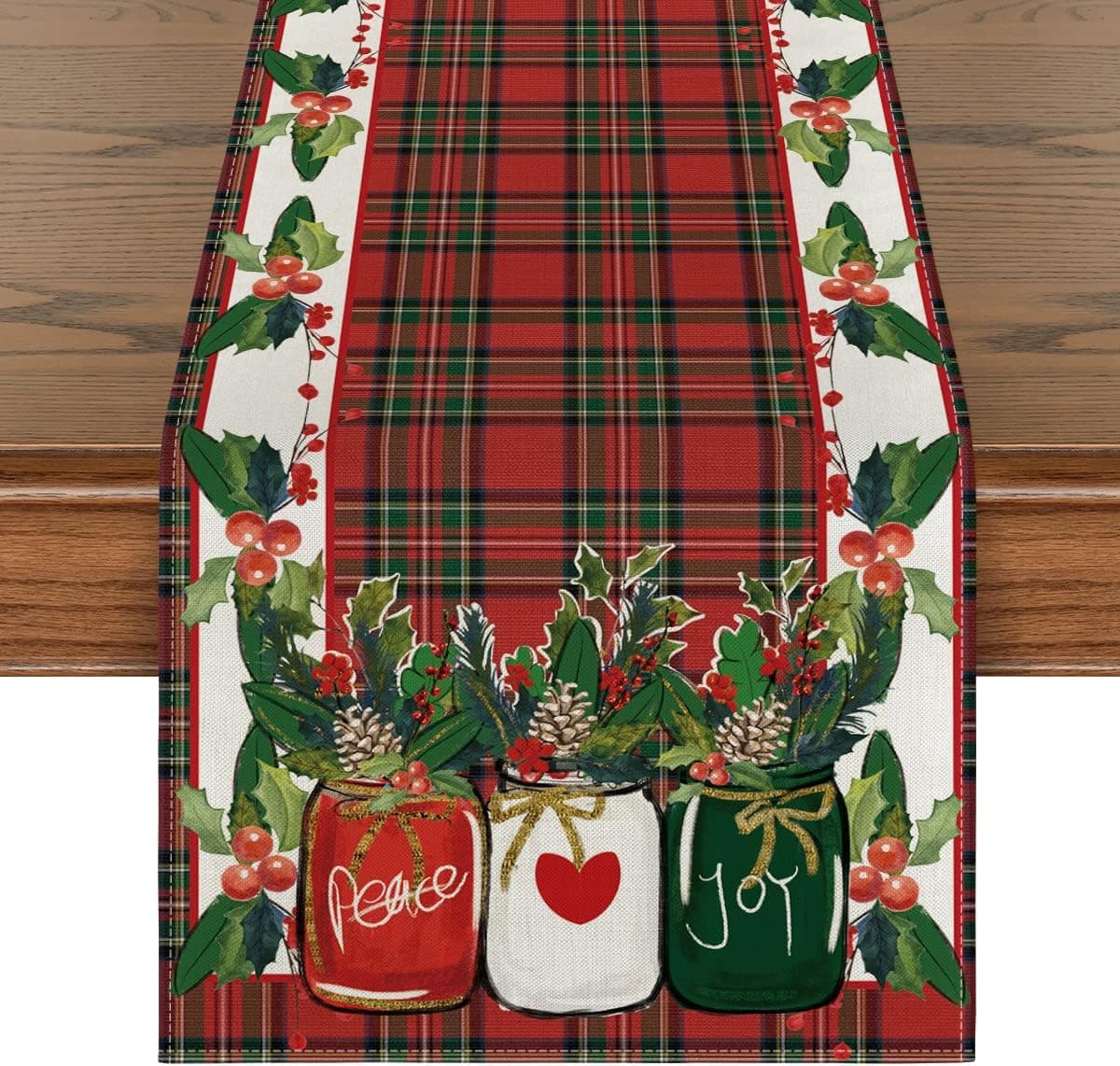Artoid Mode Watercolor Holly Vase Peace Joy Christmas Table Runner, Seasonal Winter Xmas Holiday Kitchen Dining Table Decoration for Indoor Outdoor Home Party Decor 13 x 48 Inch