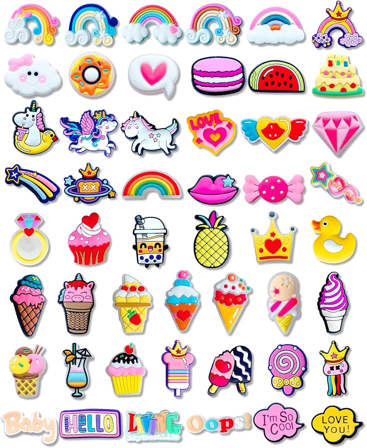 Rainbow Shoe Charms Fits for Shoes Bracelets Wristbands, PVC Charms Decoration for Party Favor Gifts (50PCS)