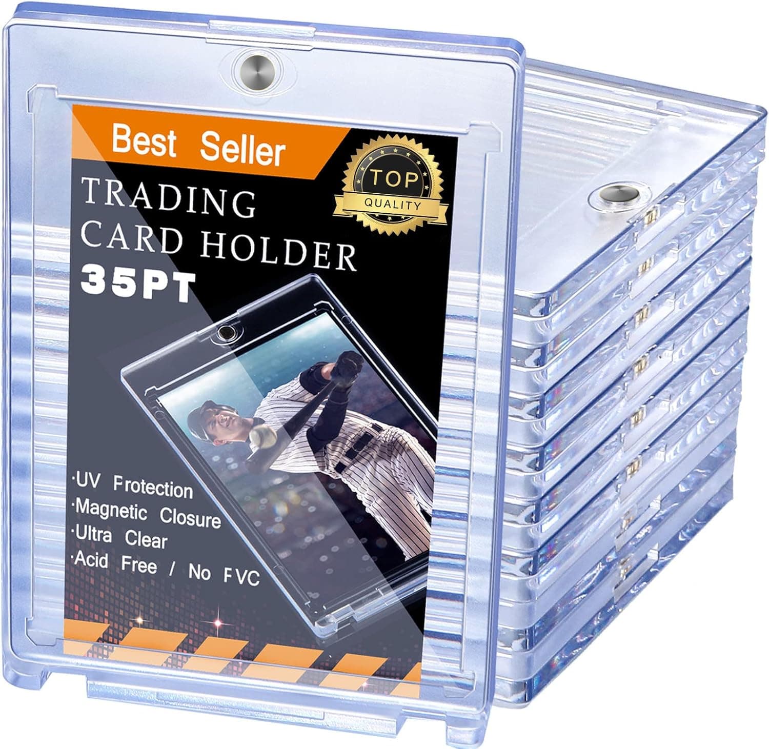 10 Pieces Magnetic Card Holder 35 Pt Trading Card Protector, Baseball Card Protector, Acrylic Card Holder Clear Display Card Protector for Baseball Football Sports Game Card Storage Display (Silver)