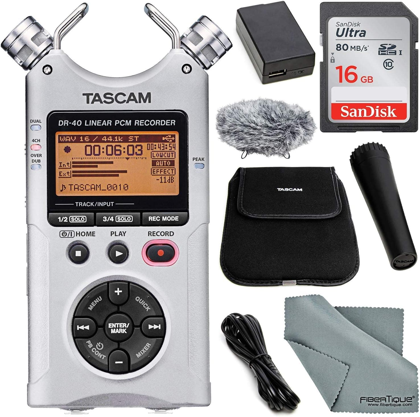 Tascam DR-40 4-Track Handheld Digital Audio Recorder (Silver) with Tascam Handheld DR-Series Recording Accessory Package + SanDisk 16 GB SDHC + Fibertique Cleaning Cloth