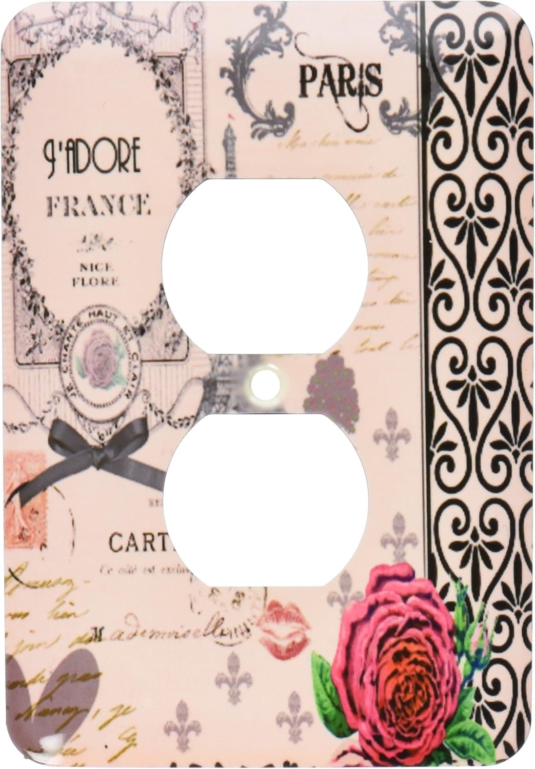 3dRose lsp_76593_6" Stylish Vintage Pink Paris Collage Art-Eiffel Tower-Red Rose-Girly Gothic Black Bow and Swirls 2 Plug Outlet Cover