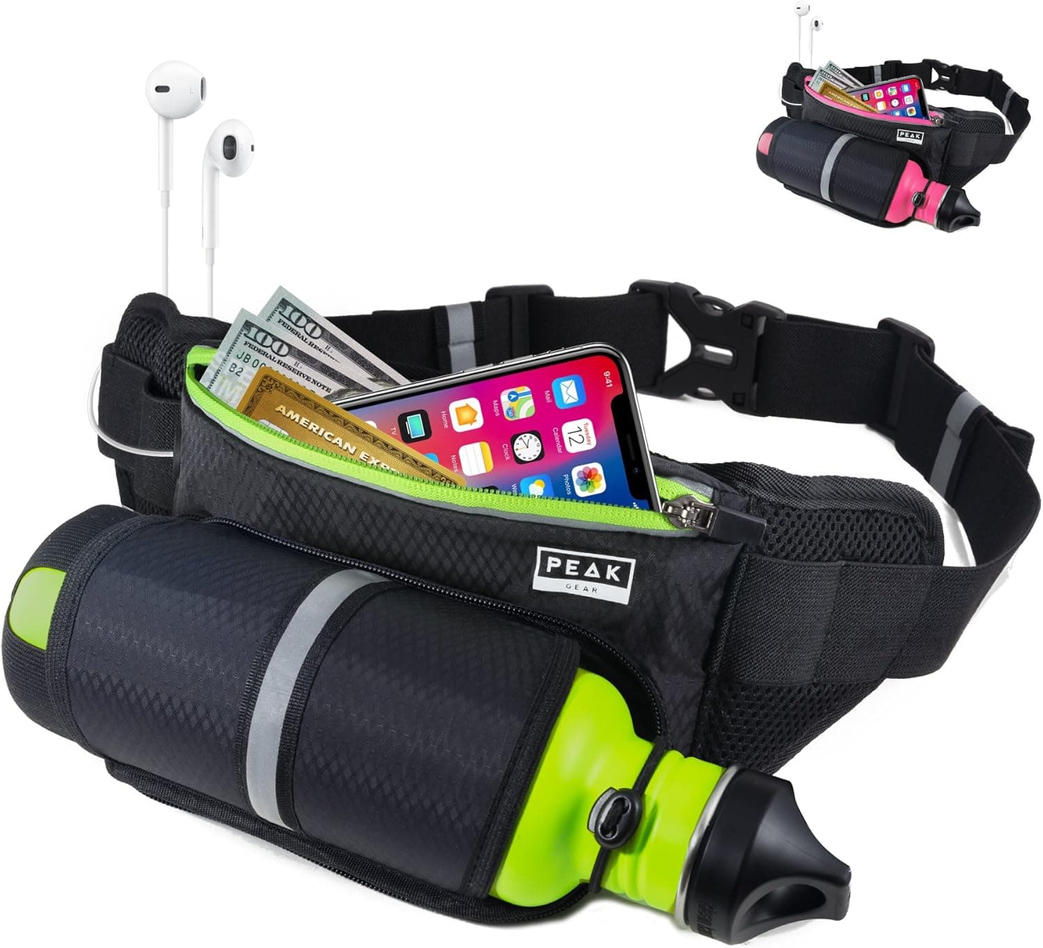 Peak Gear Waist Pack and Water Bottle Belt - Improved Belt Strap - Hydration Fanny Pack for Jogging, Walking or Hiking