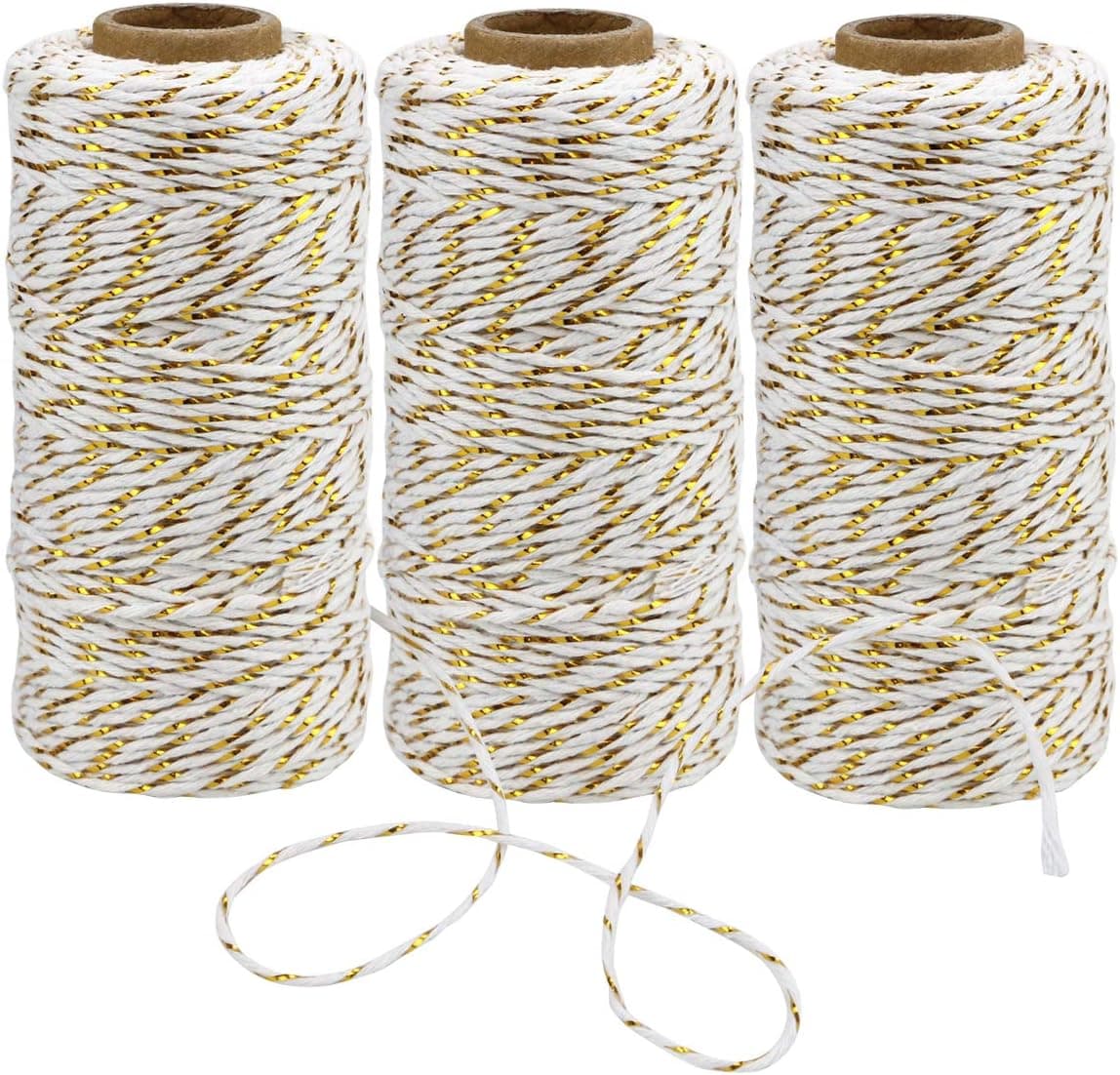 WYKOO 984 Feet Cotton Bakers Twine String, Gold Twine String, Holiday Gift Wrapping Twine, Wedding Mothers Day Gift Twine Cotton Cord Rope Gold Metallic, 3 Rolls