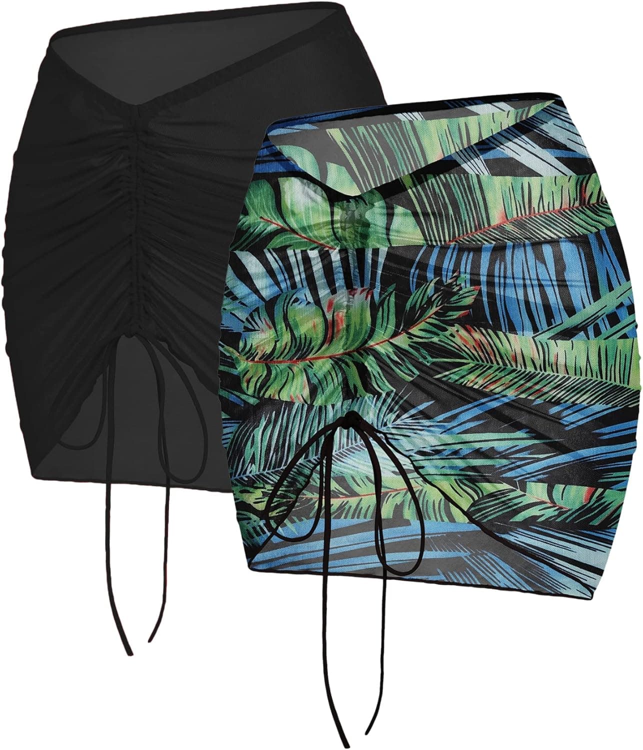 AOLRO Women Sarong Mesh Skirt 2 Pieces Short Sheer Beach Cover Up Ruched Drawstring Bikini Swimsuit Wrap for Swimwear