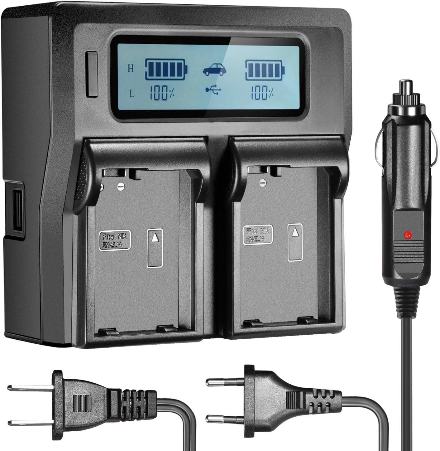 Neewer Dual LCD Battery Charger for Nikon EN-EL14 Batteries Compatible with Nikon D5300 D5200 D5100 D3100 D3200 D3300 P7100 P7000 P7700 DSLR(US Plug + EU Plug + Car Charger Adapter)