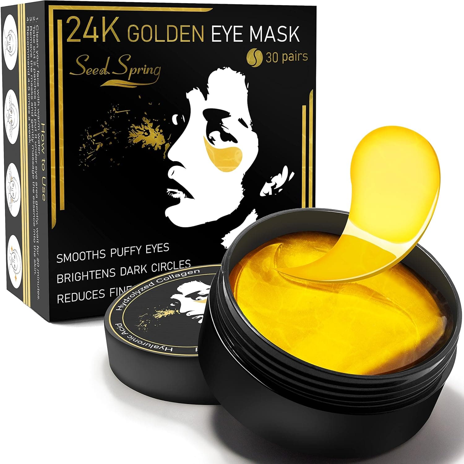 Seed Spring Under Eye Patches 24k Gold Eye Mask Collagen Hydrating - Eye Skin Care Treatment for Dark Circle Puffiness Wrinkle - 60 Counts