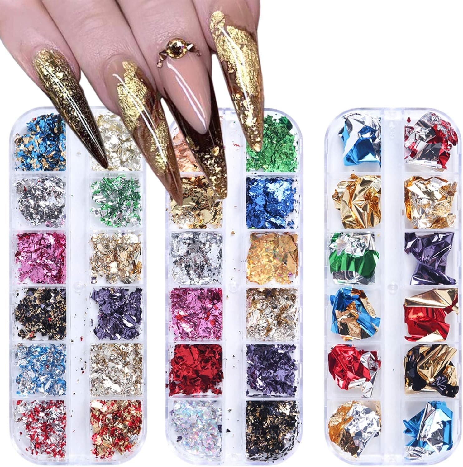 3 Boxes 36 Colors Nail Foil Glitter Nail Sequins Stickers Holographic Nail Flakes Decals for DIY Nail Art Decoration 3D Nail Art Supplies Nails Art Accessories