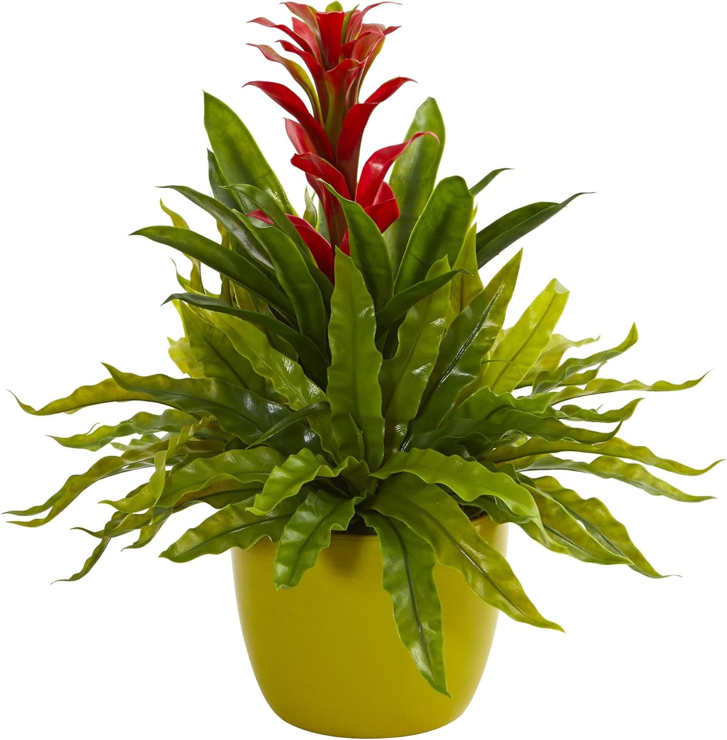 Nearly Natural Bromeliad and Fern Artificial Green Vase Silk Plants, Red