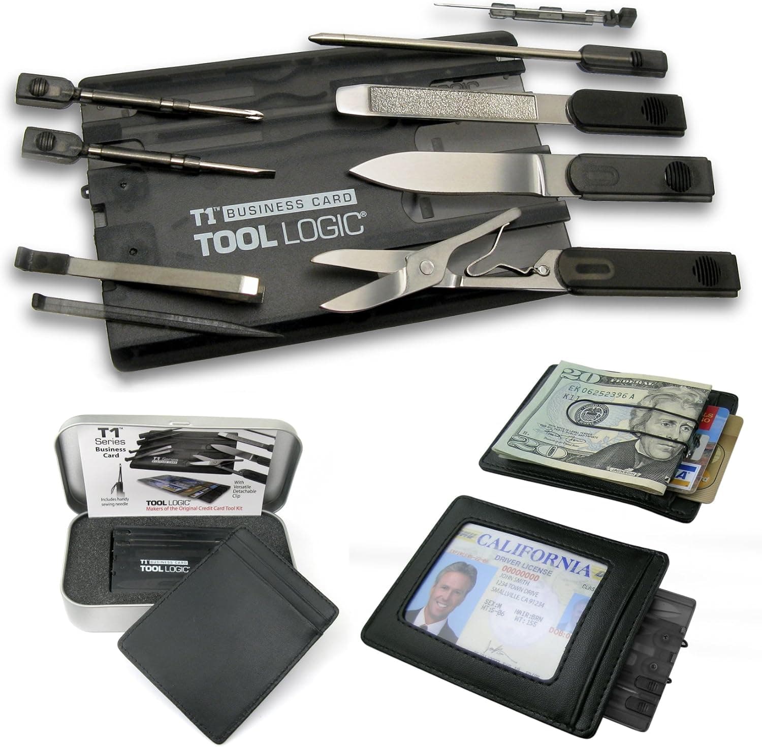 Tool Logic T1WBCC Series Business Card, Ultra-Slim Tool Card With Twelve Features Plus Leather ID Wallet, Translucent Black