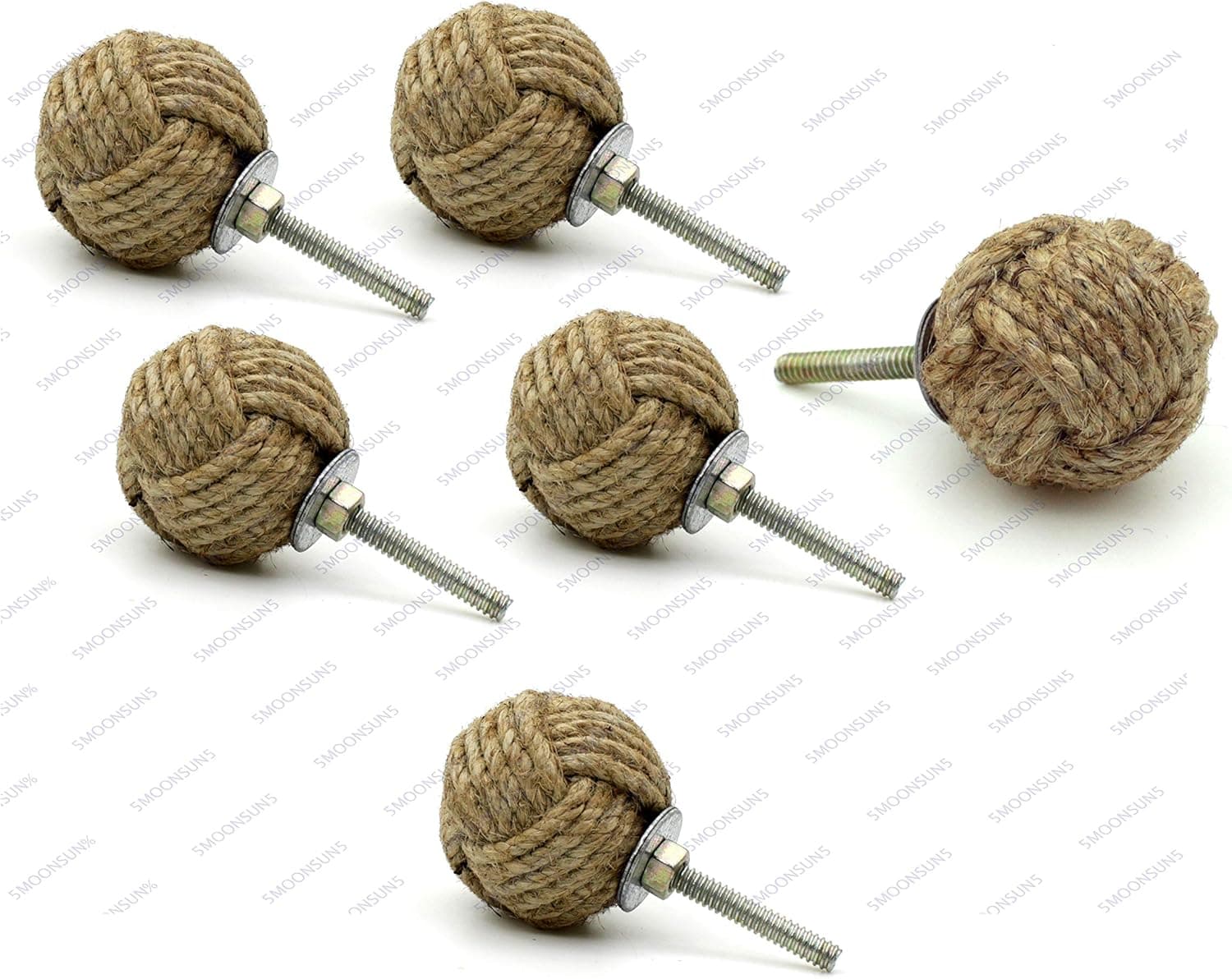 5MoonSun5's Jute Rope Door Knobs/Rope Knot Drawer Pulls and Knobs/Pull and Push Handle Knobs for Cabinets, Wardrobes & Cupboards/Nautical Hardware Decor, 30 mm Set of 6