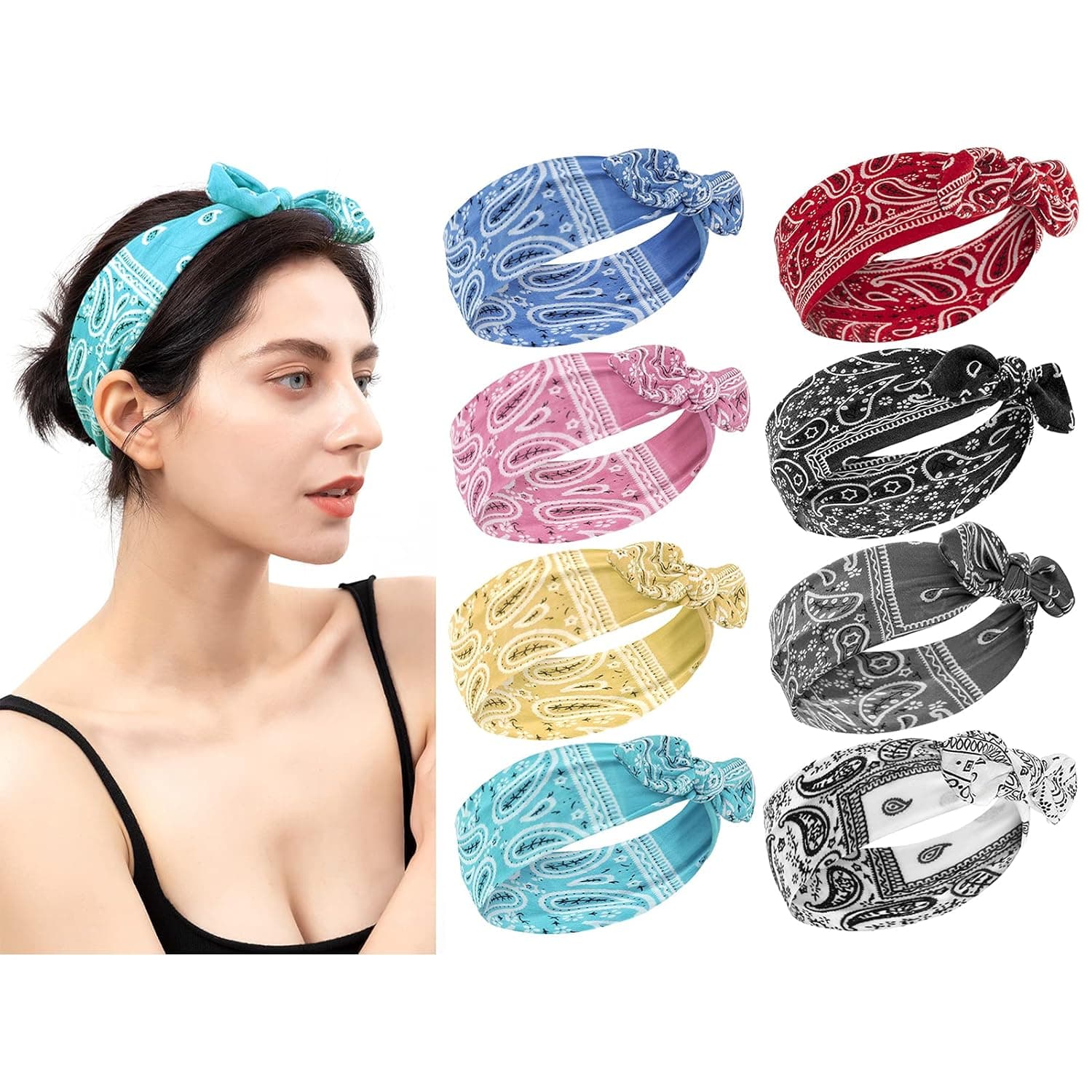 habibee 8 Pcs Headbands for Women Boho Rabbit Ear Wide Headbands Flower Printed Hair Band with Bows Fashion and Sport Hair Accessories for Women and Girls