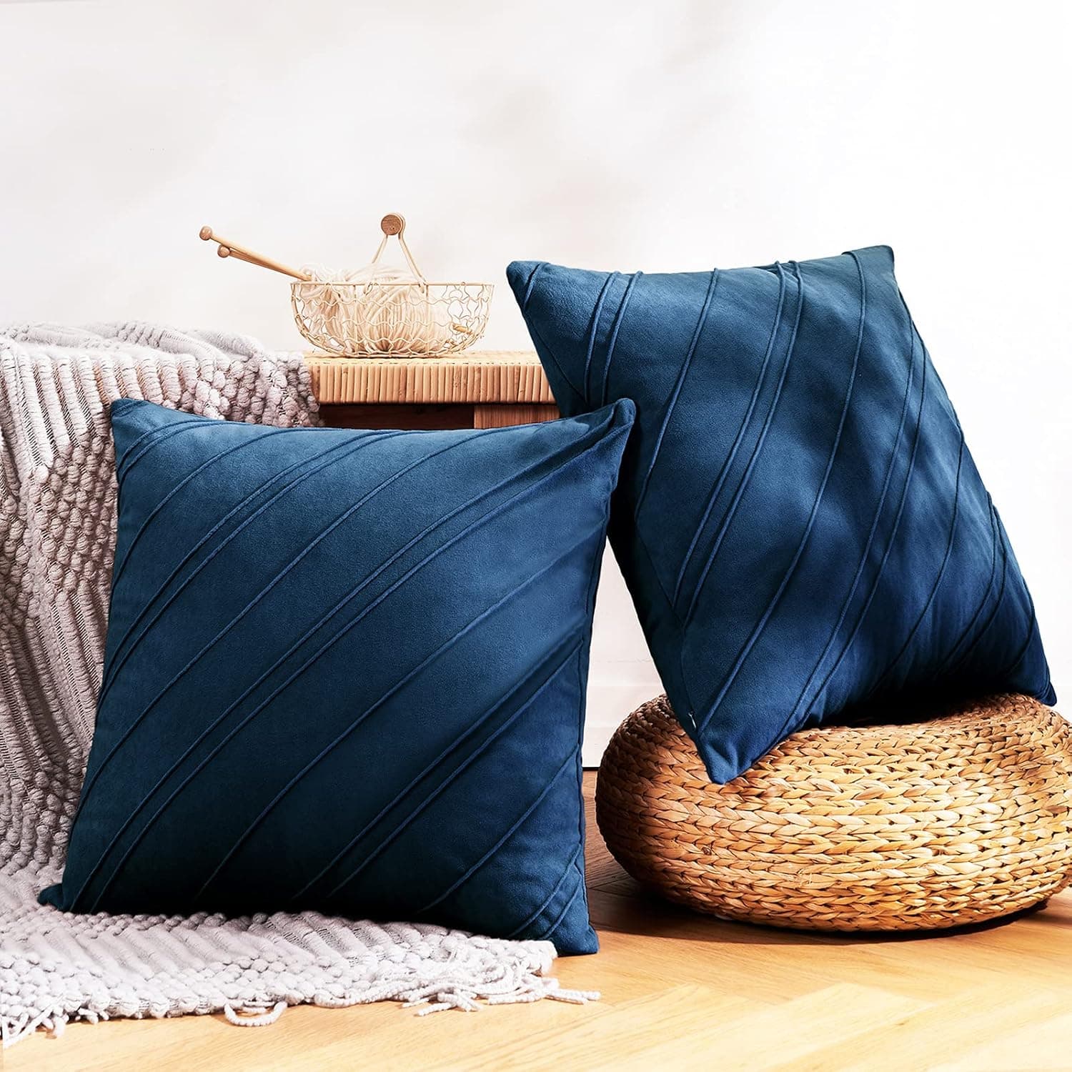 NEERYO Set of 2 Striped Fringe Decorative Throw Pillow Covers Square Soft Boho Farmhouse Cushion Cover for Bedroom Sofa Living Room Couch Decor 18 x 18 Inches Navy