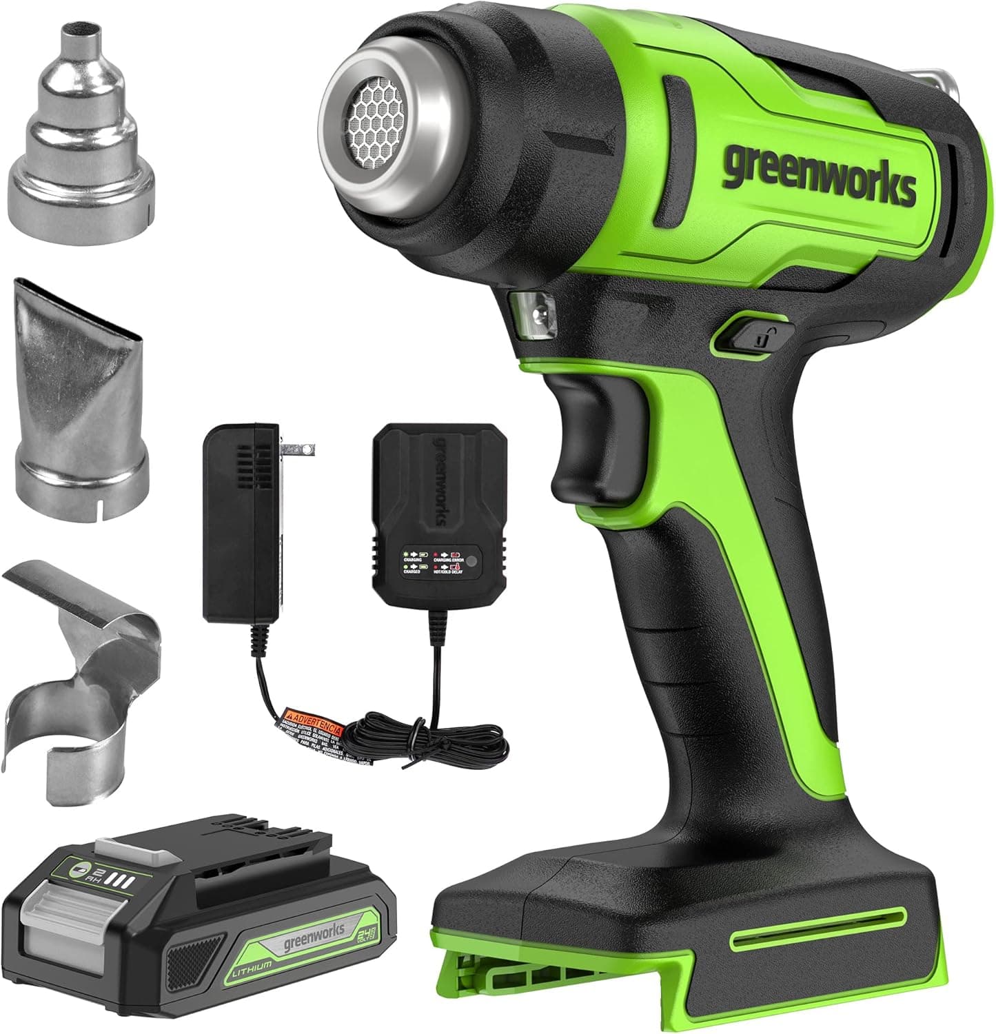 Greenworks 24V Cordless Heat Gun, 2.0Ah Battery & Charger Included - Hot Air Tool Kit, Max to 1000℉/538℃ with 3 Nozzles for Home, Garage, Outdoors