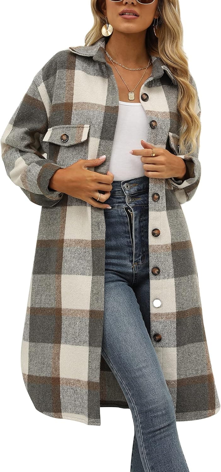 SeekMe Women's Long Plaid Shirt Jacket Shacket Lapel Button Down Woolen Blend Casual Tartan Over Shirt Trench Coat