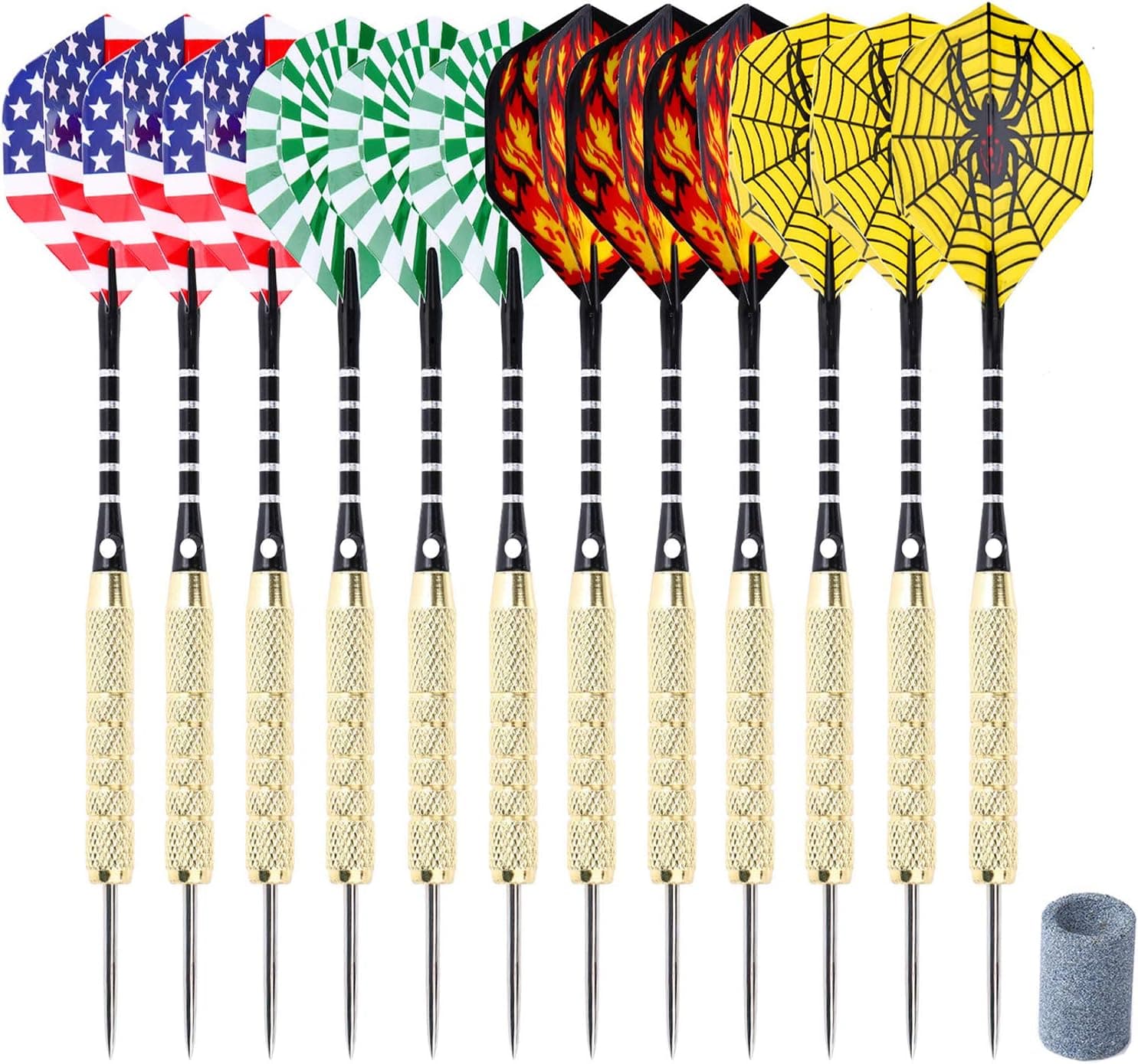 ANSOWNY Darts Steel Tip Set, Steel Tip Darts 18 Grams, Aluminum Shafts, Brass Barrels, Stainless Steel Needle and Extra Dart Sharpener – 12 Pack with Case