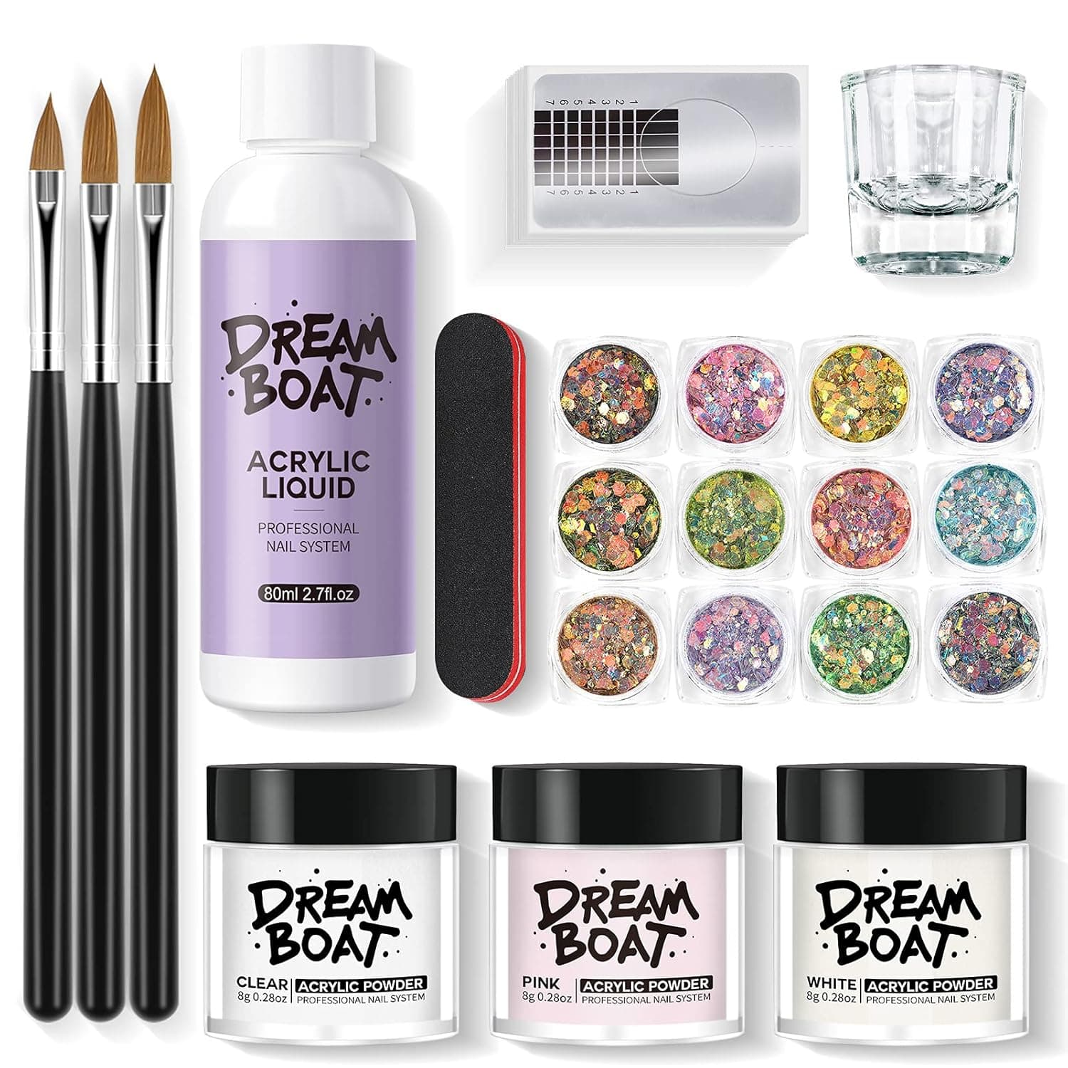 Acrylic Nail Kit,Professional Monomer Acrylic Liquid Clear Pink White Acrylic Powder and Liquid Set 12 Colors Glitter Powder Acrylic Nail Brushes Nail Forms for Acrylic Nails Extension Beginners Kit
