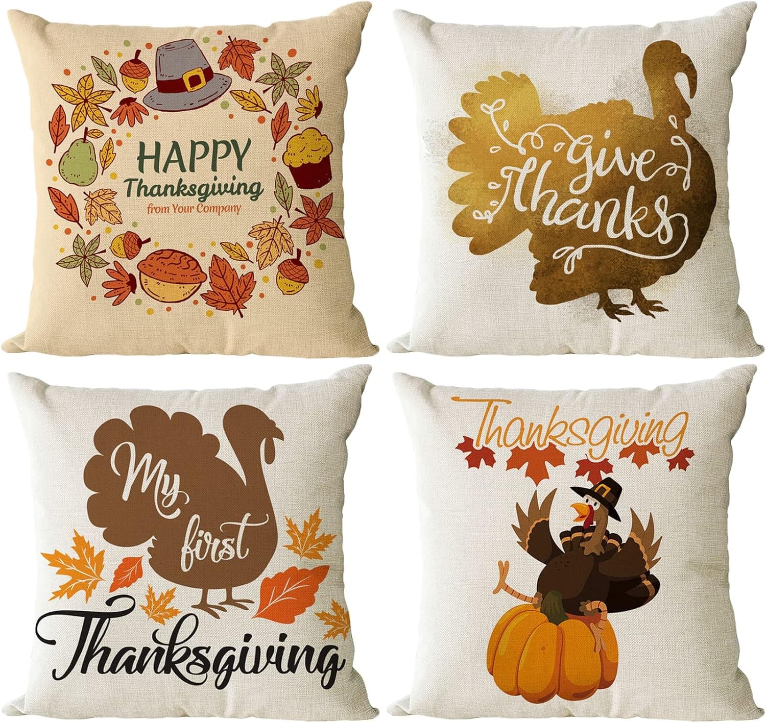 Zivisk Thanksgiving Fall Pillow Covers 18 x 18 Set of 4, Orange Autumn Pumpkin Turkey Maple Leaf Decorations Linen Throw Cushion Case for Indoor, Home, Office, Couch, Bedroom Farmhouse Decor Gift