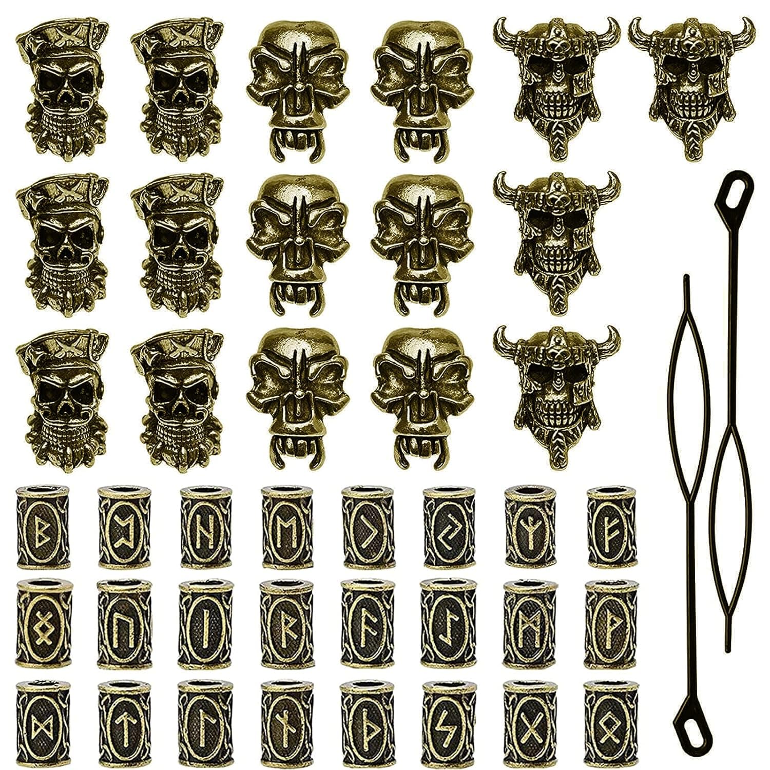 42 Pieces Viking Beard Beads Antique Norse Hair Clips Beads Pirate Skull Dreadlocks Beads for Hair Braiding Bracelet Pendant Necklace Golden DIY Jewelry Hair Decoration