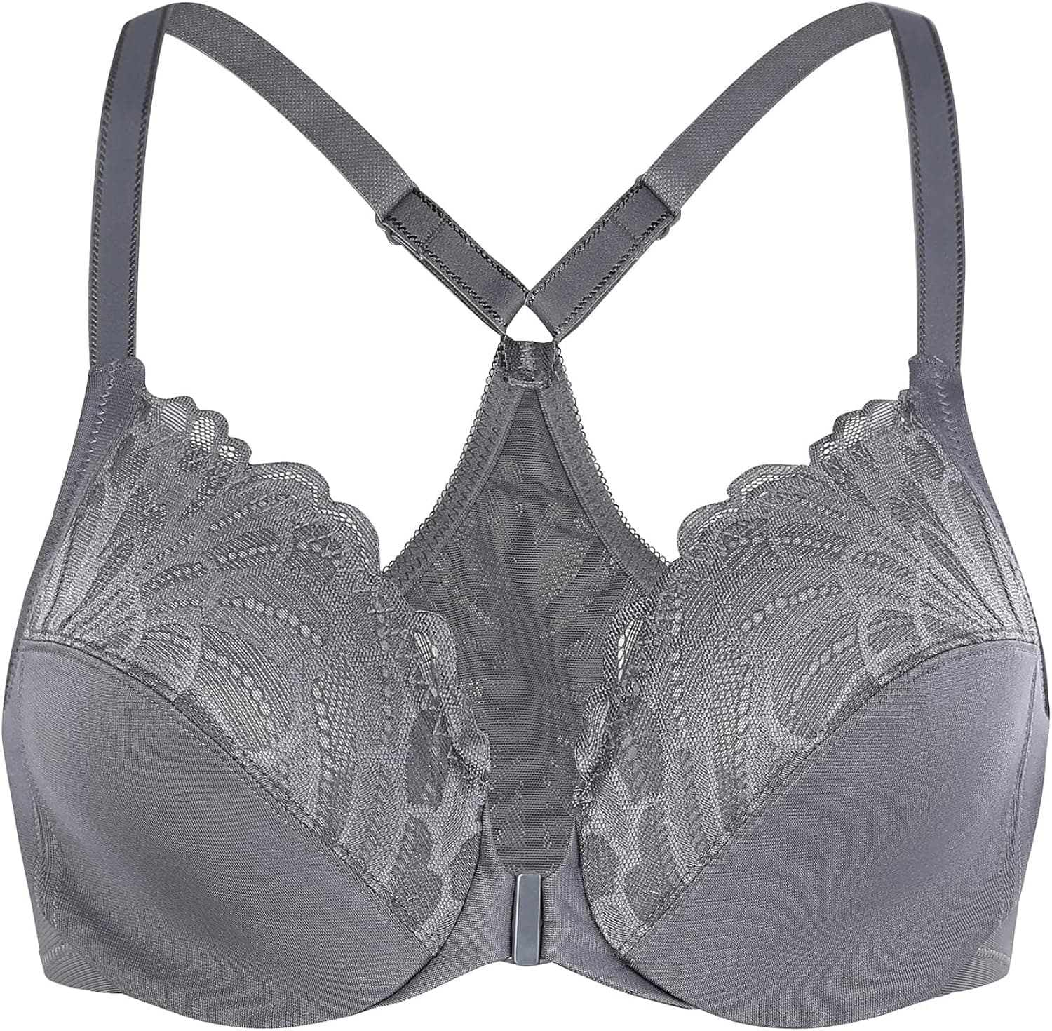 MELENECA Women's Racerback Front Closure Full Coverage Unlined Plus Size Underwire Bra Anthracite 36E