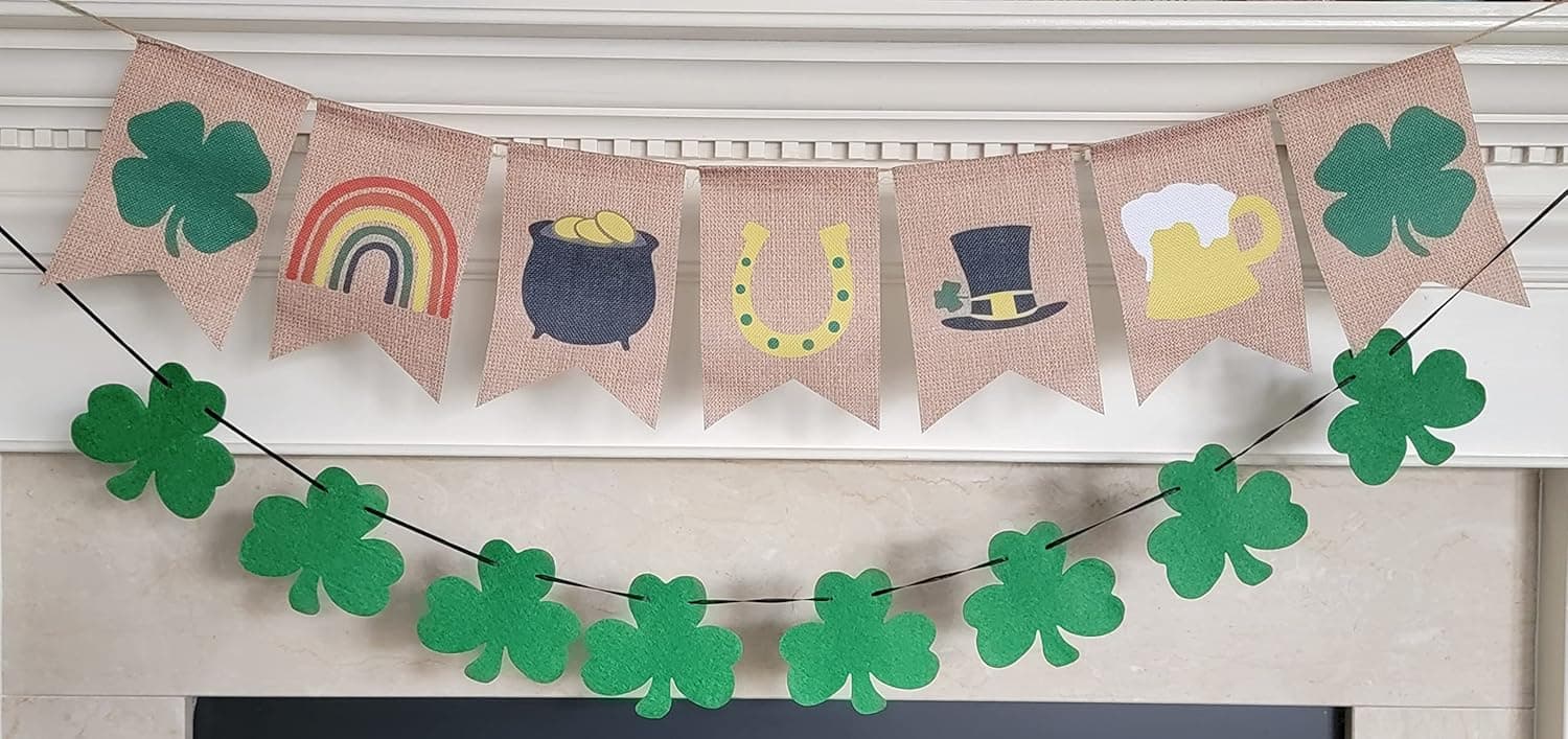 St Patrick's Day Banner with Irish Holiday Symbols - 2 Ready to Hang St Pattys Day Decorations - St Patricks Day Banner Shamrock Felt Garland - St Patrick's Day Decorations for Home by Jolly Jon