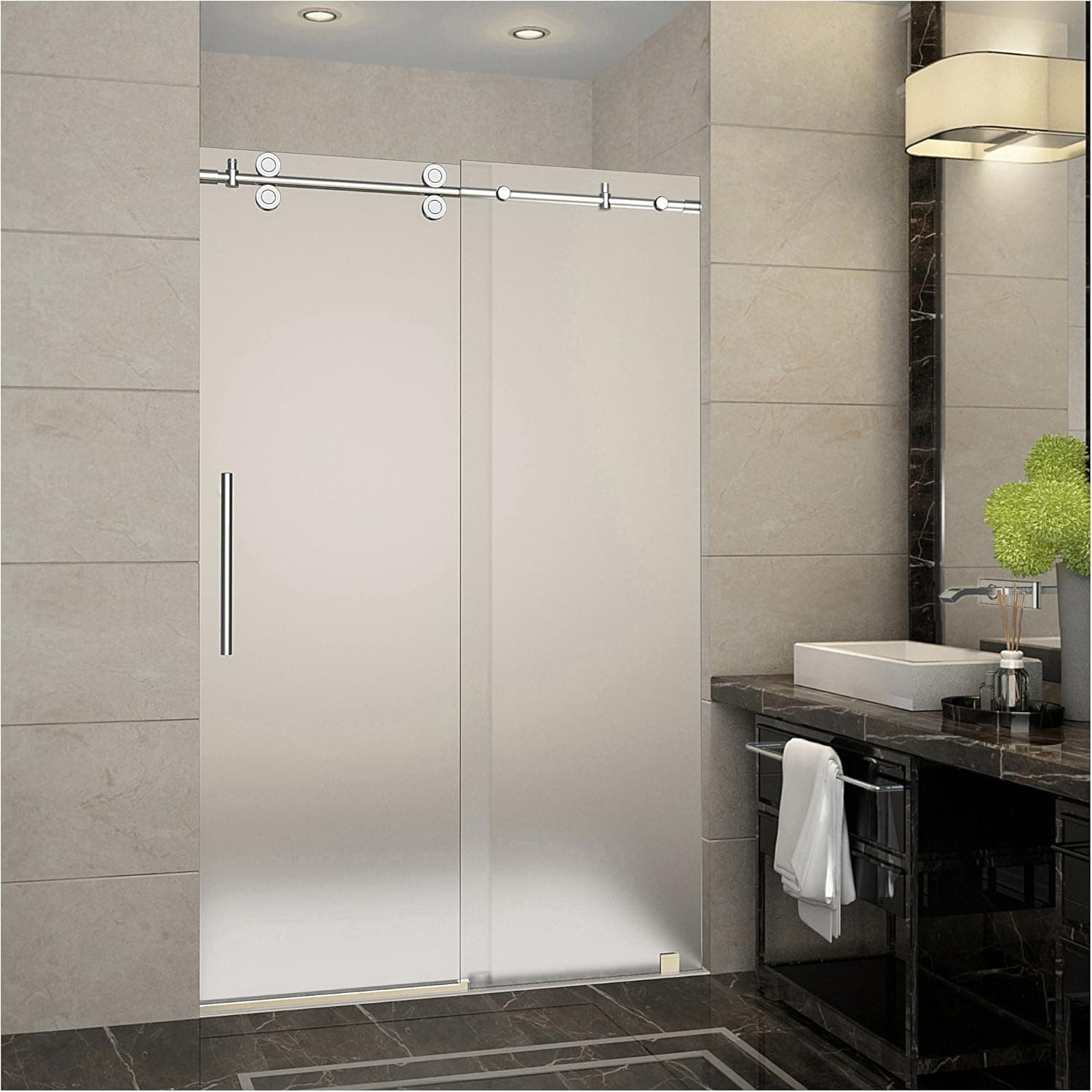 Aston Langham 44" to 48" x 75" Completely Frameless Sliding Shower Door in Frosted Glass, Polished Chrome