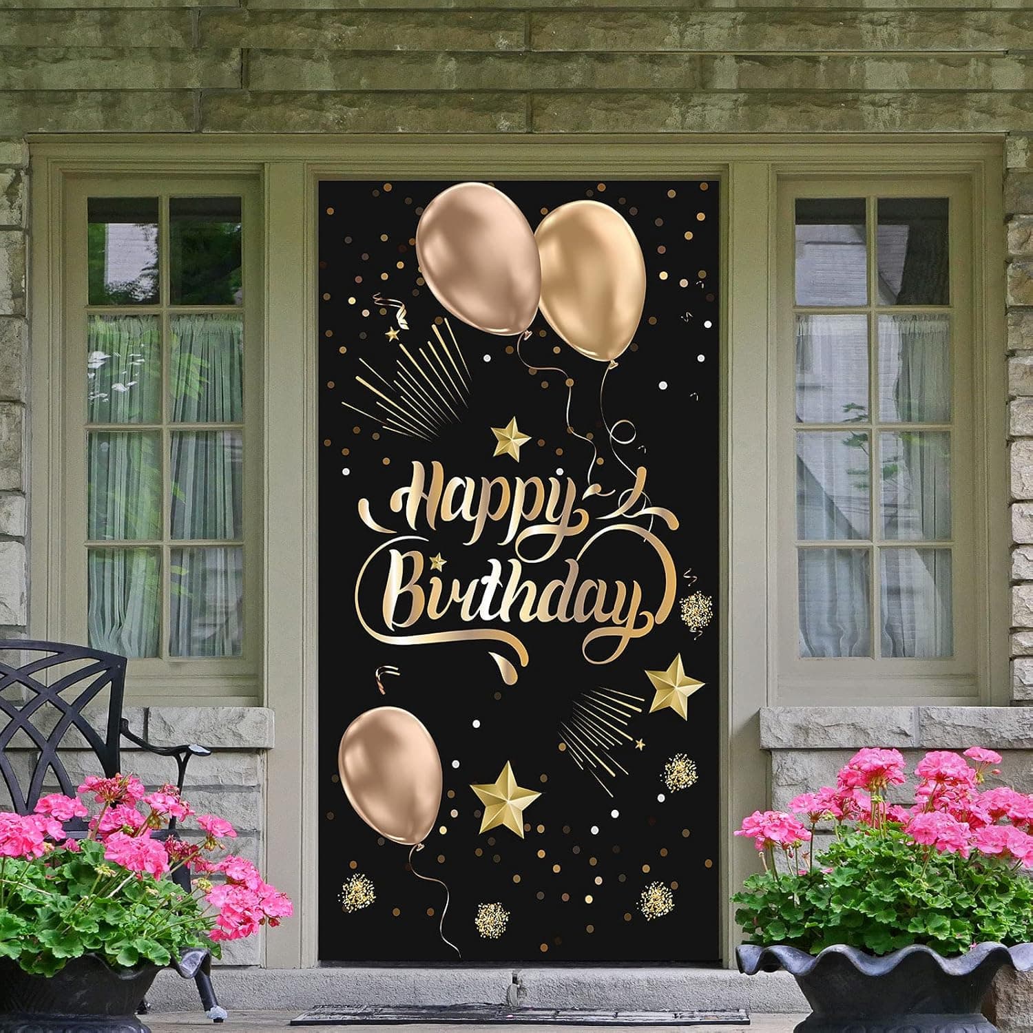 Dill-Dall Happy Birthday Door Cover Banner, Birthday Party Decoration for Door, Birthday Background, Happy Birthday Photo Props ( Black & Gold )