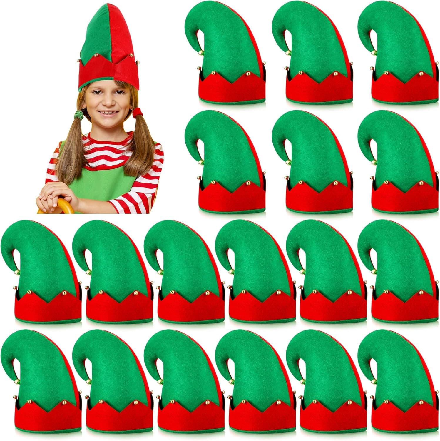 Yaomiao 18 Pieces Christmas Elf Felt Hat for Kids Santa Red and Green Elf Hats Bulk Xmas Christmas Elf Costume Headwear Accessories