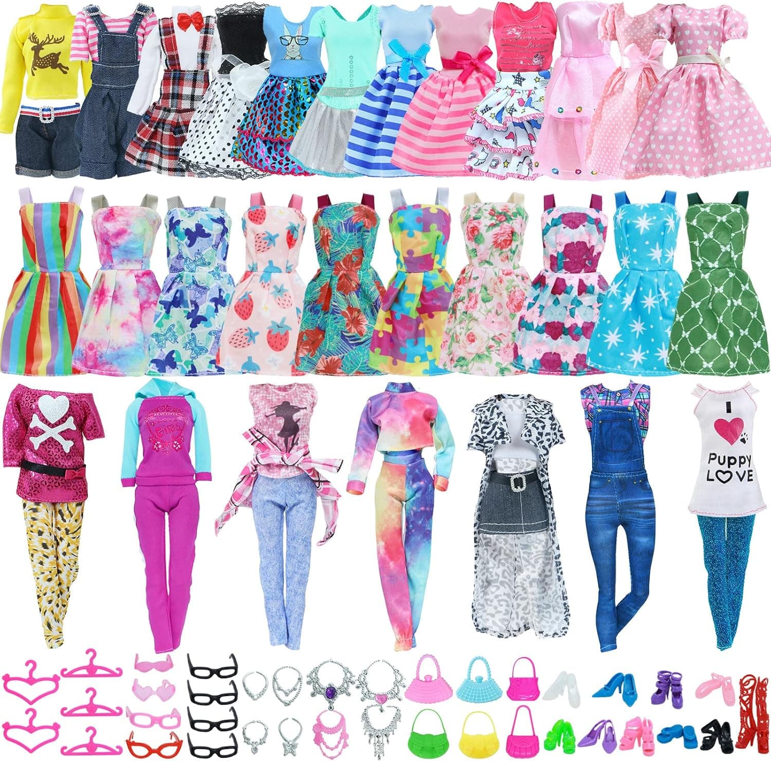 GONNREV 57 Pcs Girl Doll Clothes and Accessories 5 Fashion Casual Outfits Sets 5 Party Skirts 5 Mini Dresses 5 Hangers 10 Pairs Shoes and Accessories Perfect for 11.5-inch Dolls