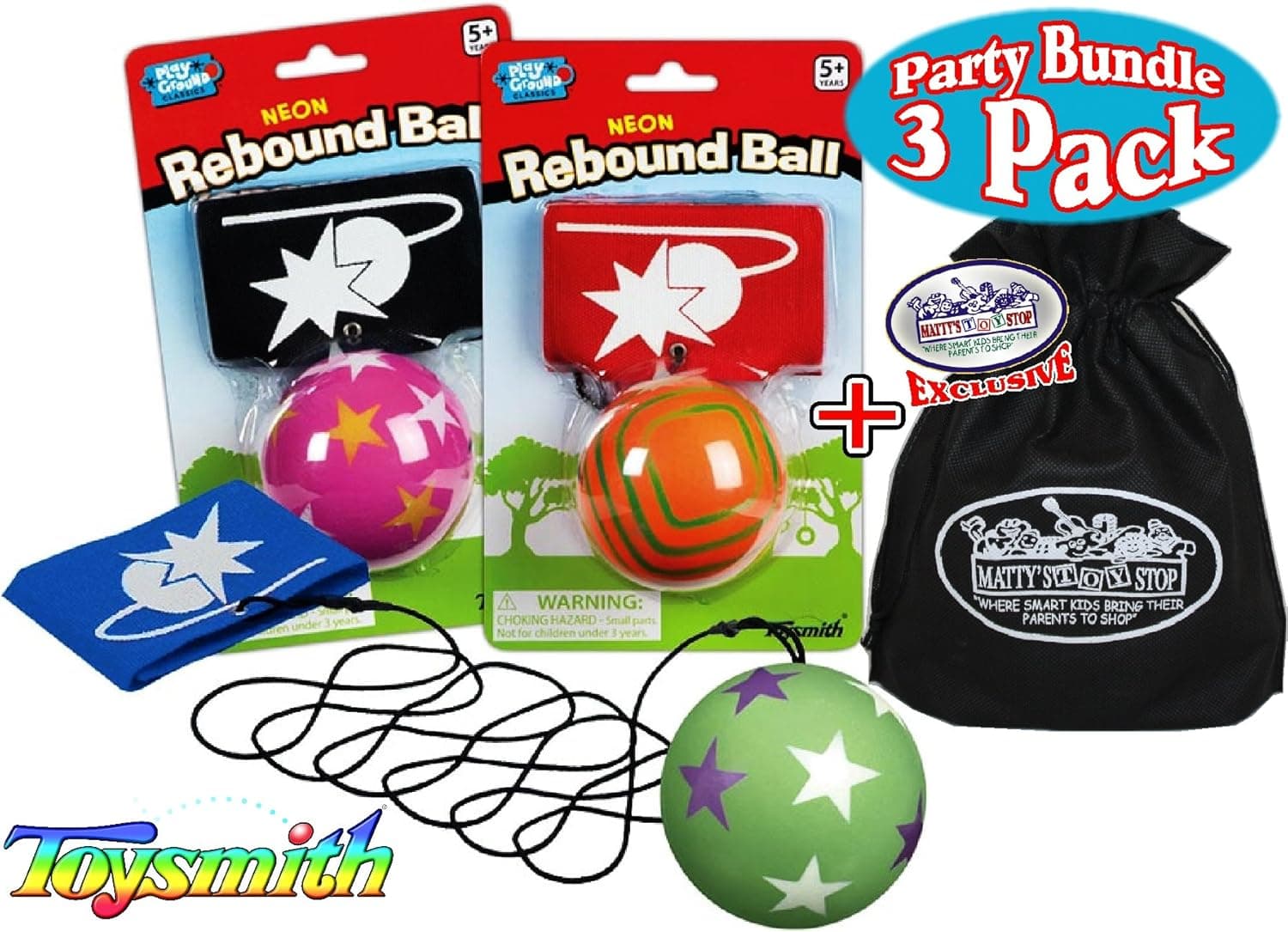 Matty's Toy Stop Toysmith Neon Rebound Balls Party Set Bundle with Exclusive Storage Bag - 3 Pack (Assorted Colors & Designs)