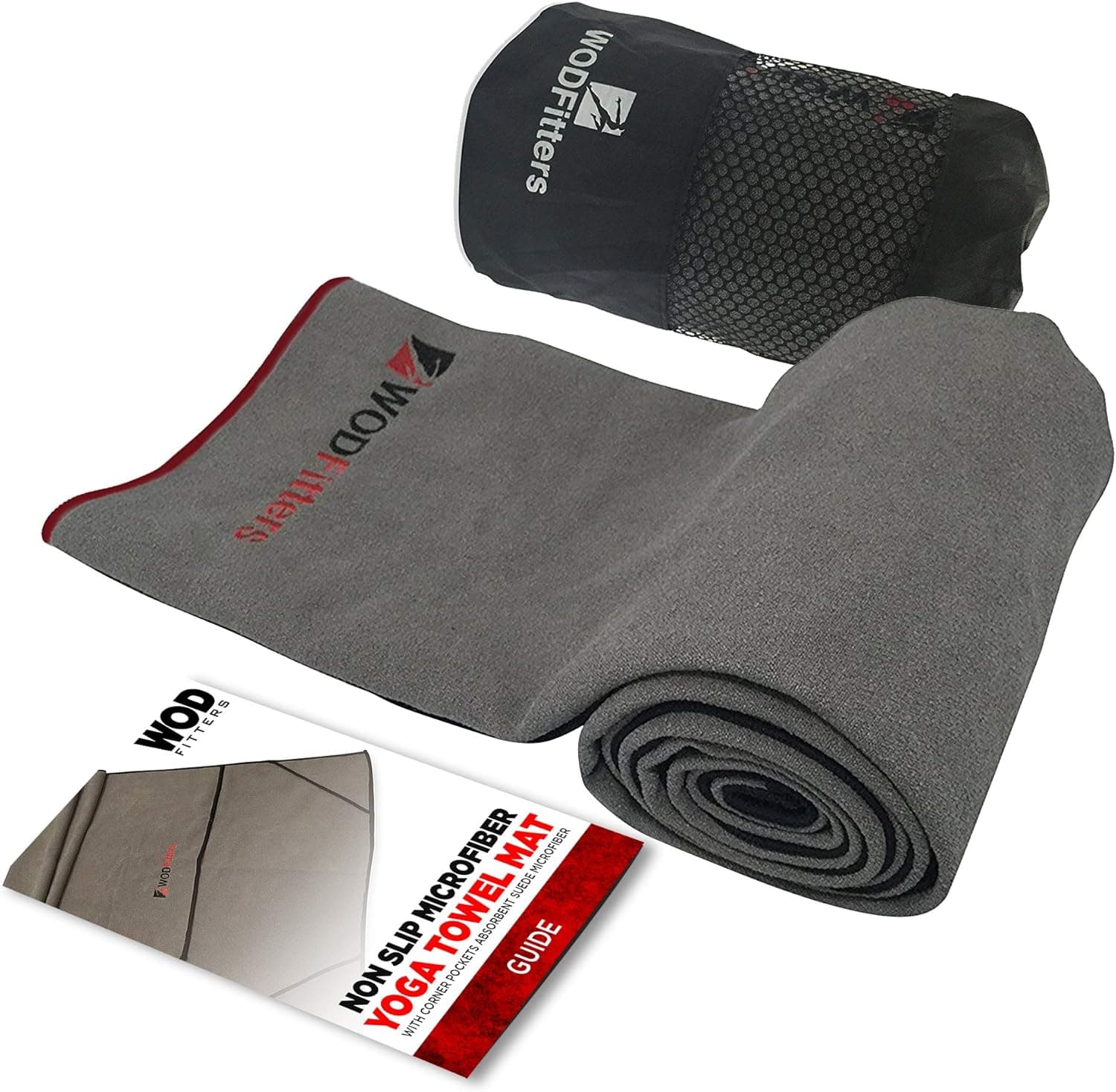 WODFitters Non Slip Microfiber Recovery Towel Mat with Corner Pockets Absorbent Suede Microfiber - Ideal for Recovery, Warm Up and Yoga (Grey with Red)