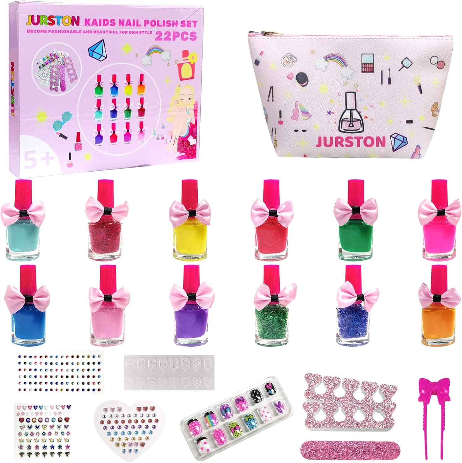 JURSTON Nail Polish Set, Kids Nail Polish Set for Girls with 12 Colors Non Toxic Nail Polish, Nail Stickers, Nail Tips & Makeup Bag - DIY Nail Polish Kit Gifts