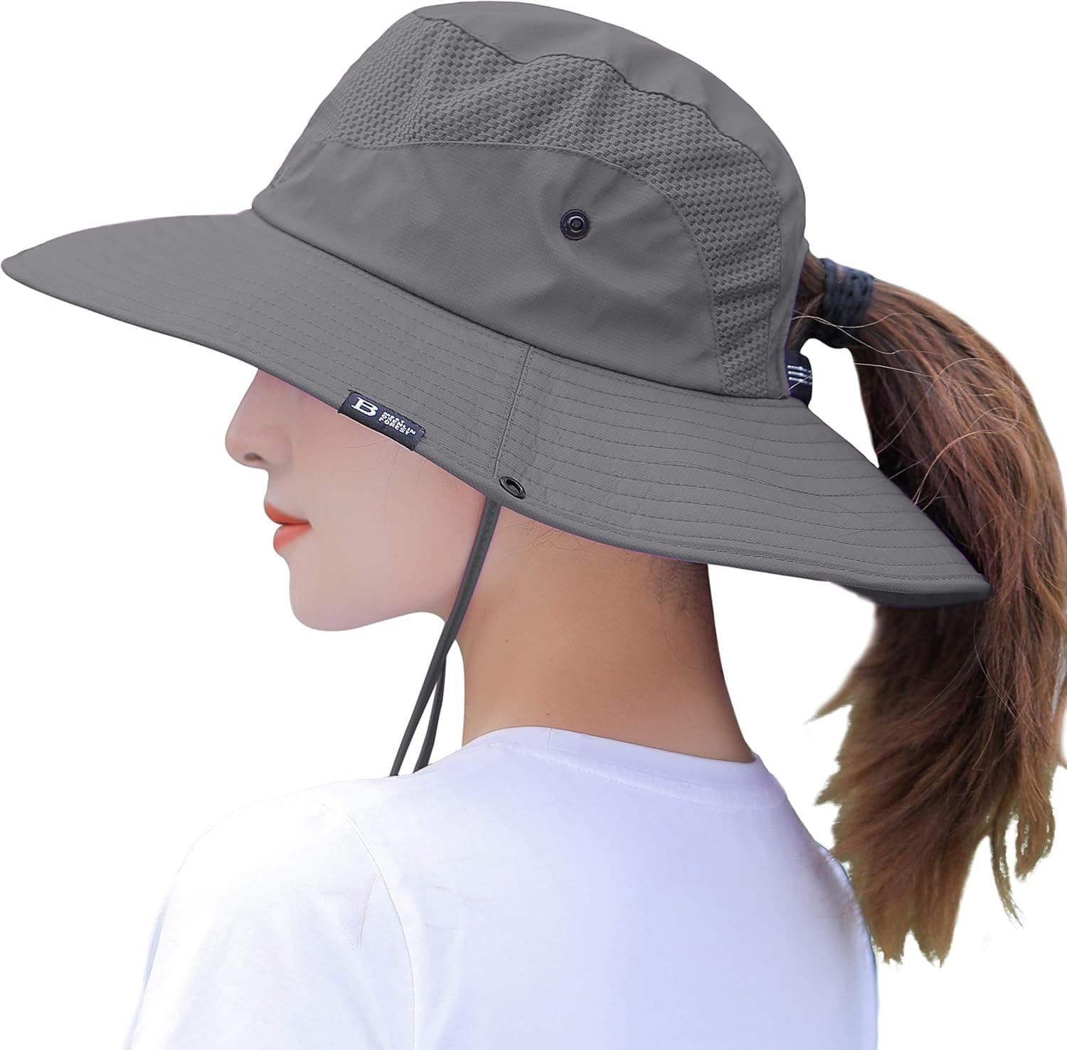 Womens Summer Sun Outdoor UV Protection Foldable Mesh Wide Brim Beach Fishing Bucket Hat with Ponytail Hole