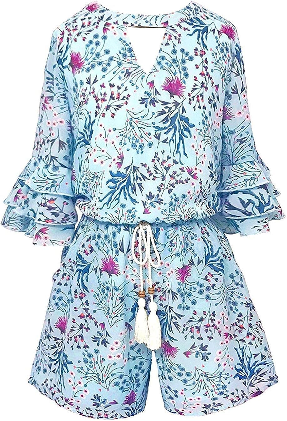 Smukke, Big Girls Tween Floral Printed Tier Ruffle Sleeves Romper (Many Options) with Pockets, 7-16