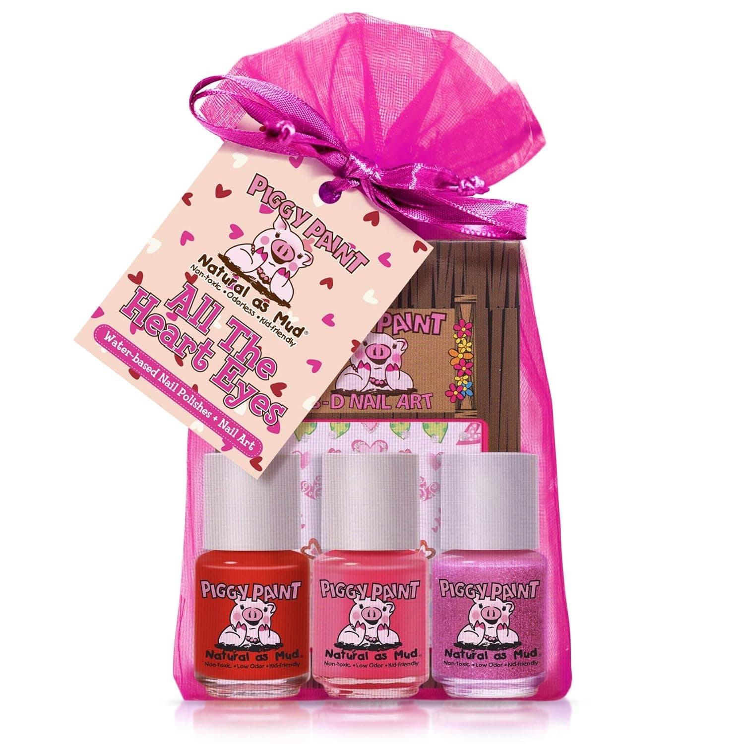 Piggy Paint | 100% Non-Toxic Girls Nail Polish | Safe, Cruelty-free, Vegan, & Low Odor for Kids | All the Heart Eyes (3 Polish + Nail Art Gift Set)