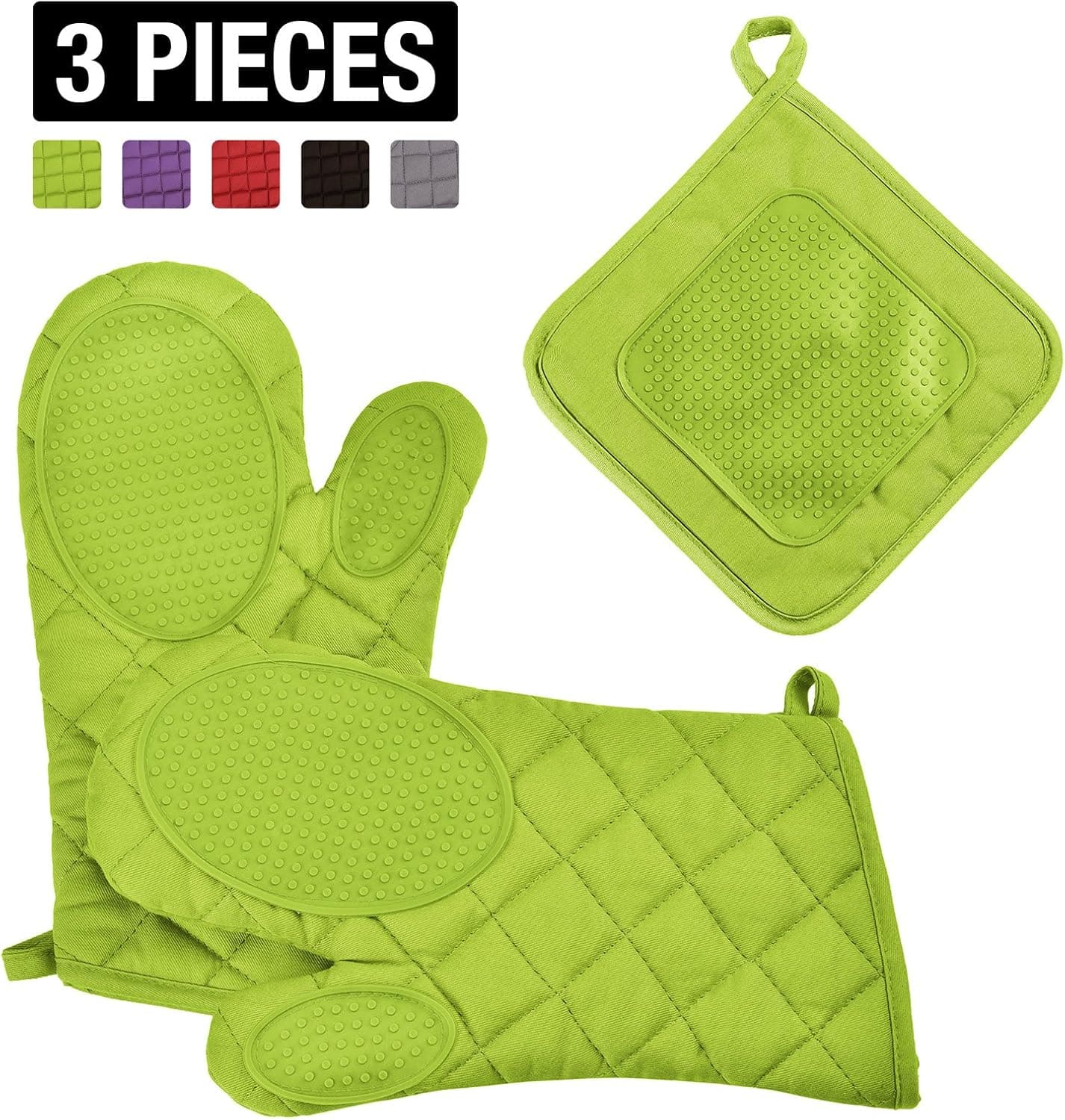 VEEYOO Cotton Oven Mitts and Pot Holders Set - Kitchen Silicone Oven Mitt Heat Resistant, Non-Slip Grip Oven Gloves Potholder 3 Packs for Cooking, Baking & BBQ, Anise Green