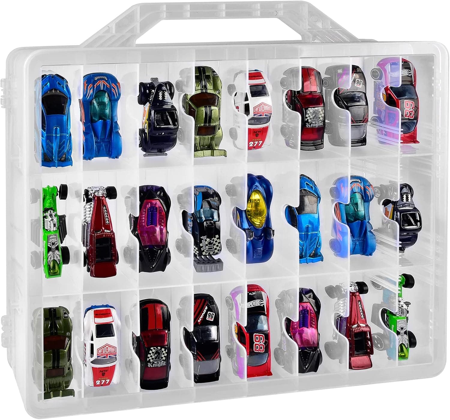 Toy Car Storage Organizer Case Compatible with Hot Wheels/ for Matchbox Cars. Display Carrying Container Holder for LOL Surprise Dolls/ Shopkins/ Bakugan with 48 Compartments Double Sided (Box Only)