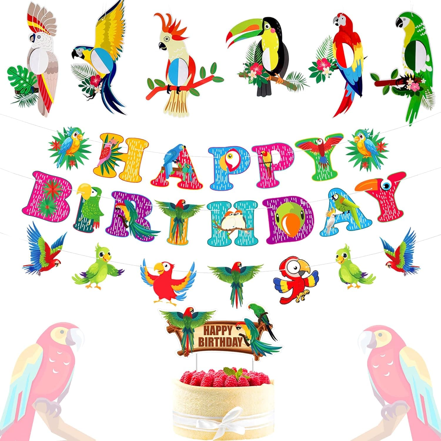 JeVenis Parrot Birthday Decoration Tropical Bird Birthday Decoration Parrot Birthday Party Supplies Tropical Bird Banner Tropical Birthday Cake Decoration