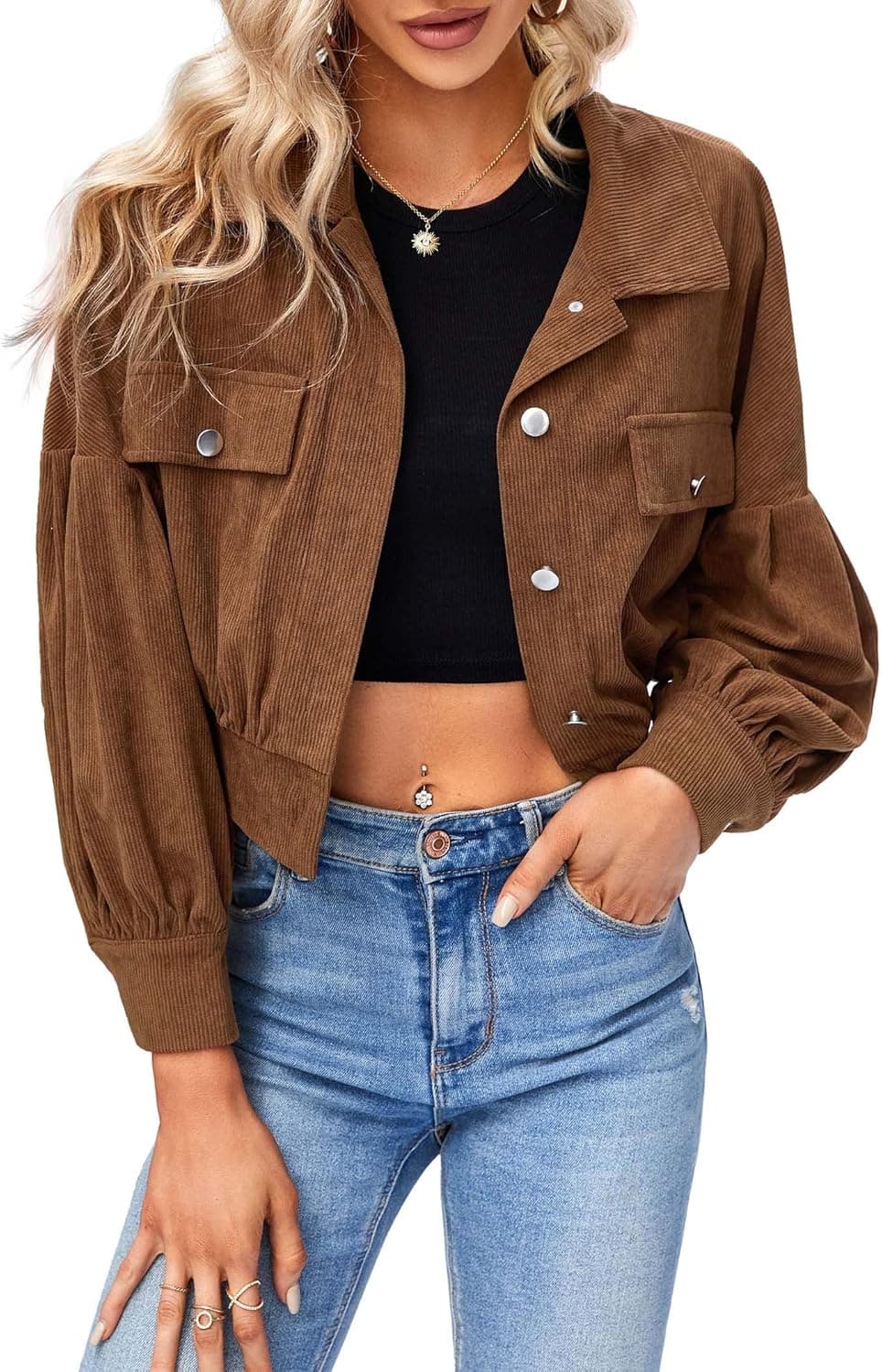 Pelixio Women's Fashion Casual Cropped Corduroy Jackets Button Down Long Sleeve Shacket Coat with Pockets