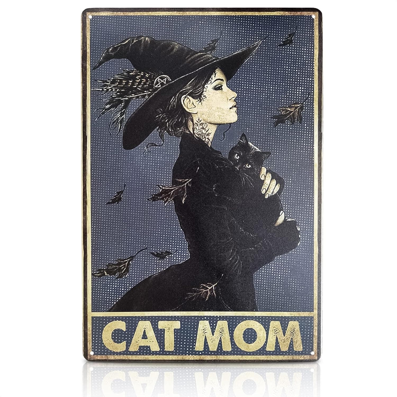MALLONY Cat Decor for Cat Lovers Metal Sign - Witch Cat Mom Metal Wall Art Tin Sign Indoor Halloween Decor Outdoor Black Cat Decor Coffee Bar Retro Home Decor - 8x12 Inch Kitchen Wall Decor Plate