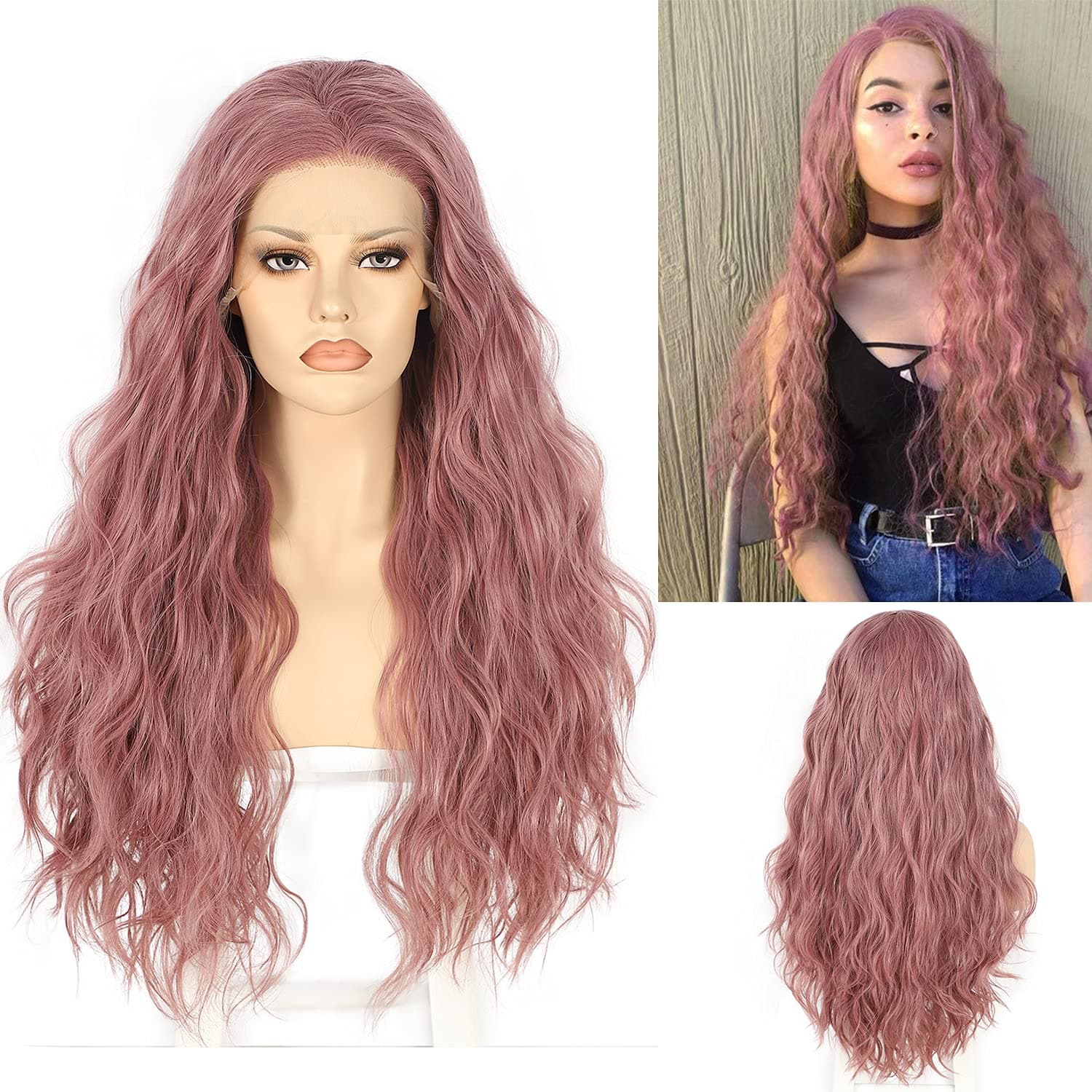 BABEHERS Purple Pink Free Part Lace Front Wigs 13x2.5 Loose Curly Wigs for Black Women Long Wavy Synthetic Lace Front Wig Wave Heat Resistant Hair Replacement Wigs 150% Density 22 Inch