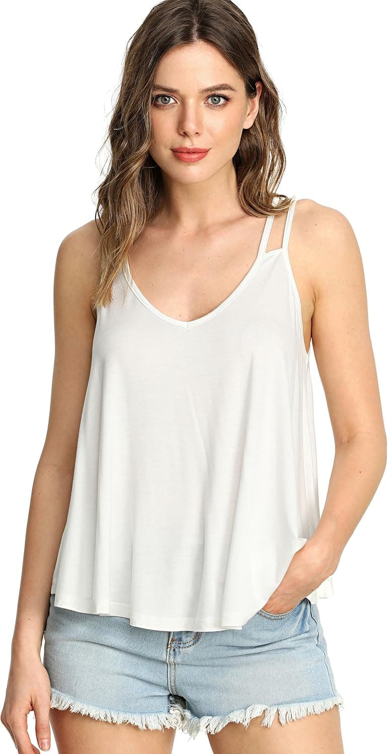MakeMeChic Women's Flowy V Neck Strappy Tank Tops Loose Cami Top Beige S