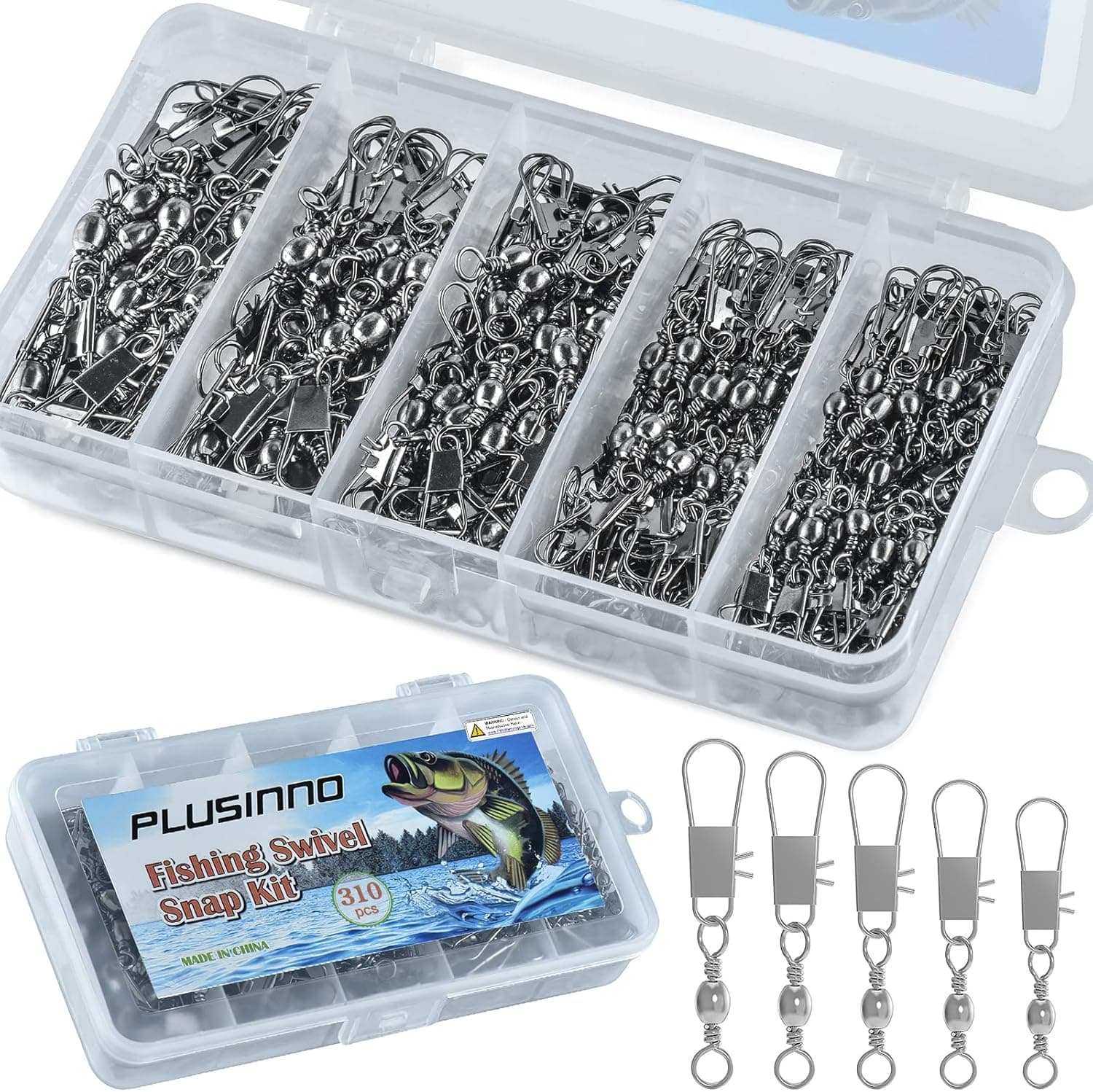 PLUSINNO 310Pcs Fishing Swivels with Safety Snap Connector, High Strength Corrosion Resistance Stainless Steel Copper Barrel Swivel, Saltwater Freshwater Swivels Fishing Tackle Kit