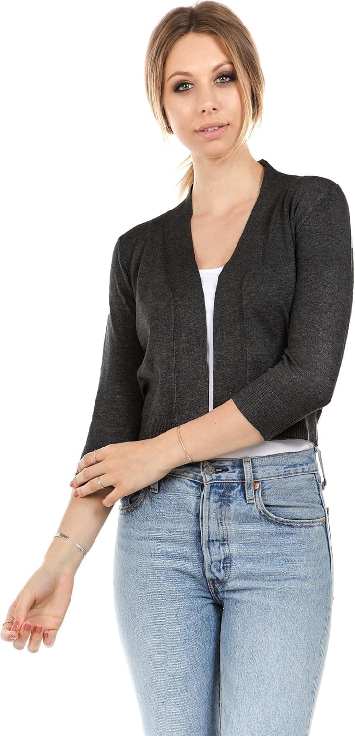 Cielo Women's Soft Solid Open Front 3/4 Sleeve Sweater Cardigan