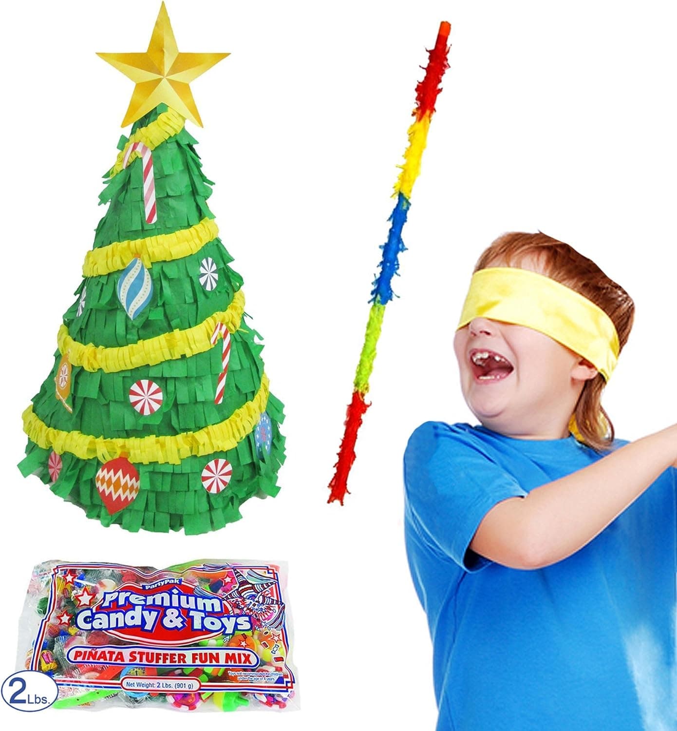 Merry Christmas Tree Pinata Kit Including Pinata, 2 lb Candy Filler, Buster Stick and Bandana