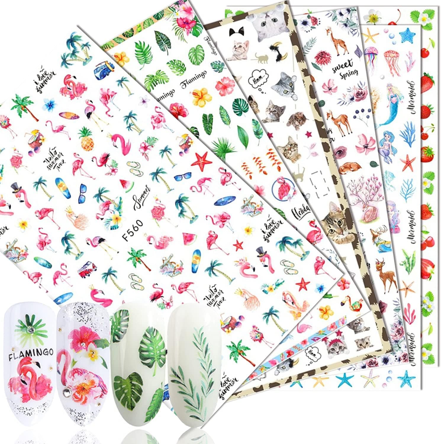 Nail Art Stickers 6 Sheets 3D Self-Adhesive Nail Decals Nail Art Supplies Flamingo Flower Leaf Animal Seashell Fruit Nail Design Summer Decals for Women DIY Manicure Tips Nail Decorations