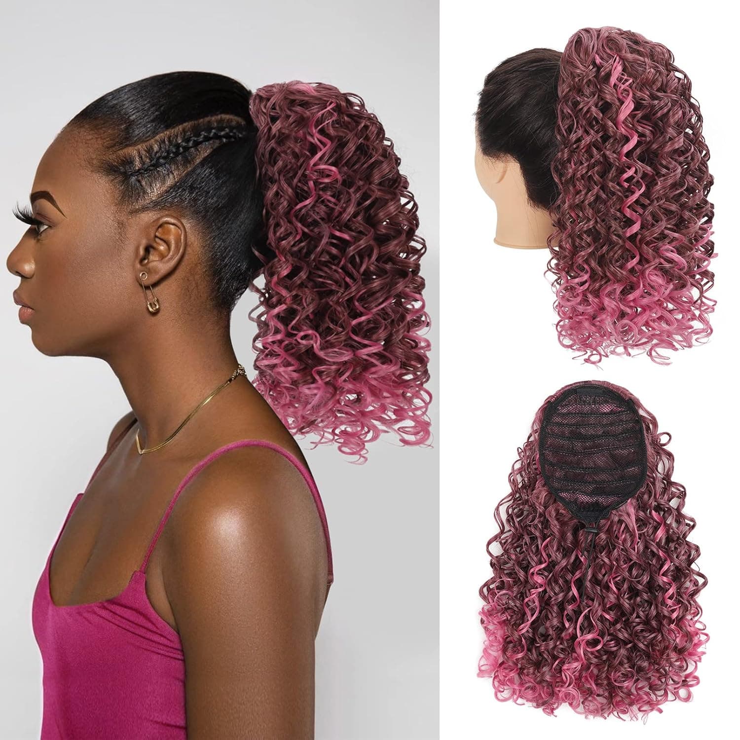 Brikabia Drawstring Ponytail Extension, 14" Kinky Curly Drawstring Ponytail Extension for Black Women Hairpiece Synthetic Fake Afro Drawstring Ponytail for Black Women - Pink