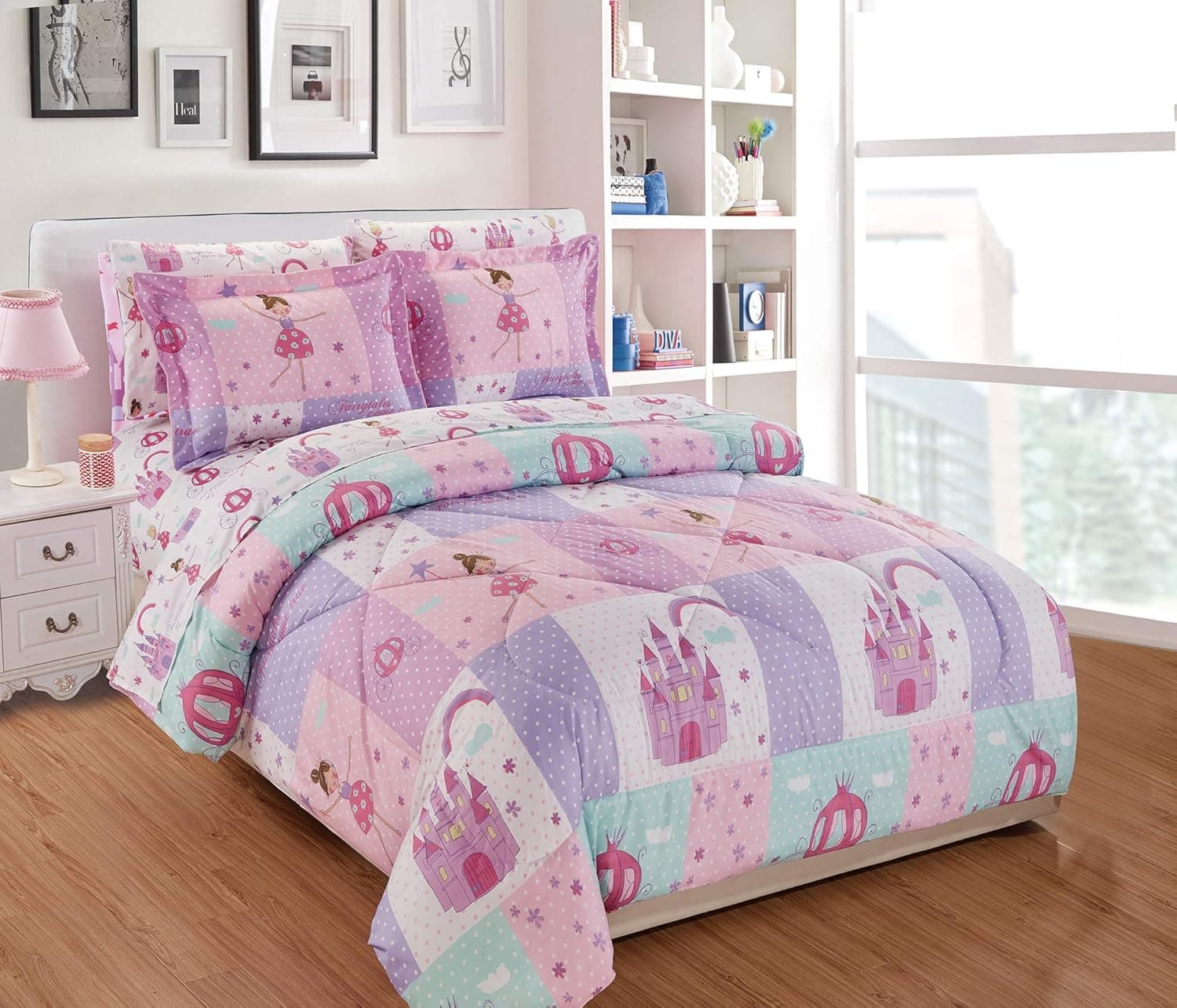 Fancy Linen Girls Comforter Set Fairy Tales Princess Castle Pink Lavender White Aqua New #Fairytales (Queen)