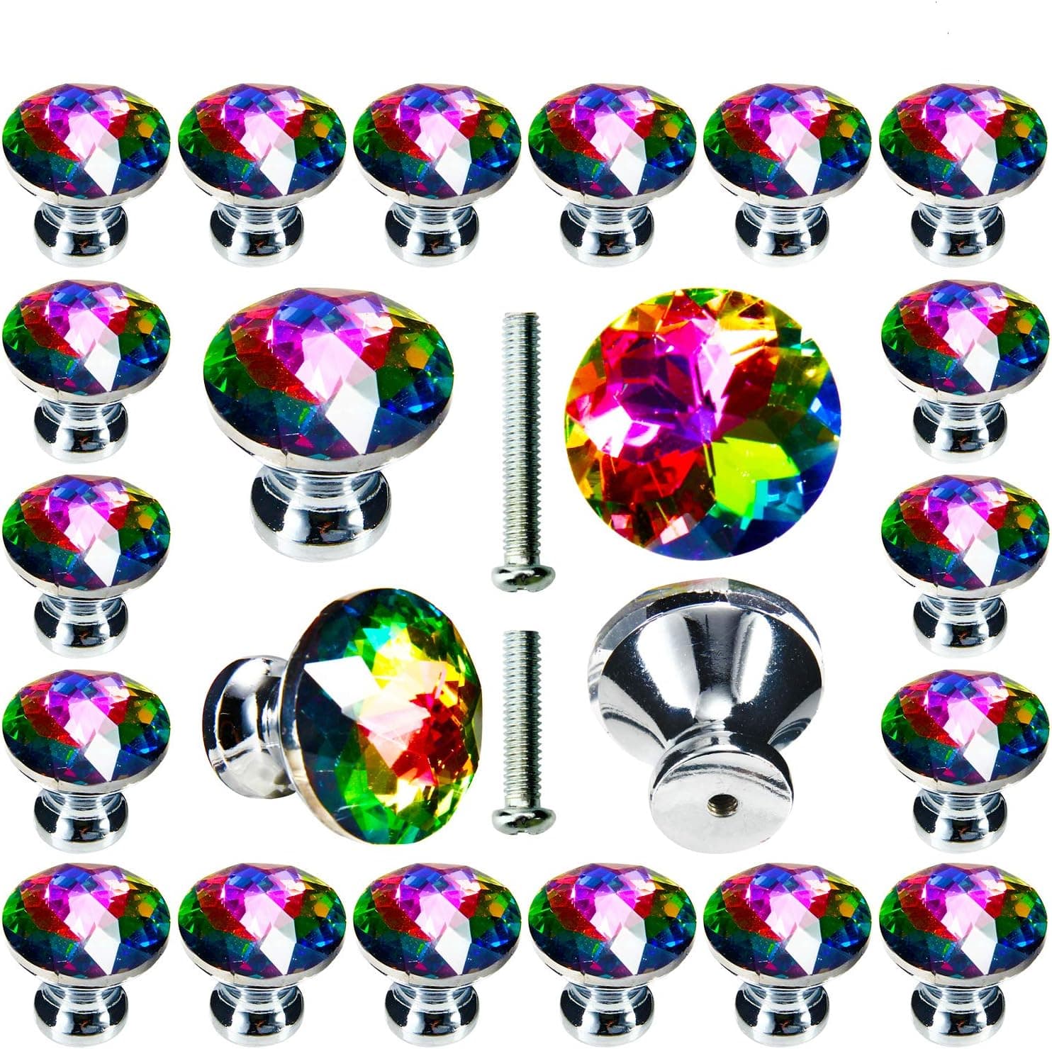 POZEAN Cabinet Knobs 30 Pack, Colorful Crystal Knobs 1.18inch (30mm) for Drawer, Dresser, Cabinet Come with 2 Different Size Screws, Perfect for Decoration for Your Home/Office/Dorm/Bathroom/Living
