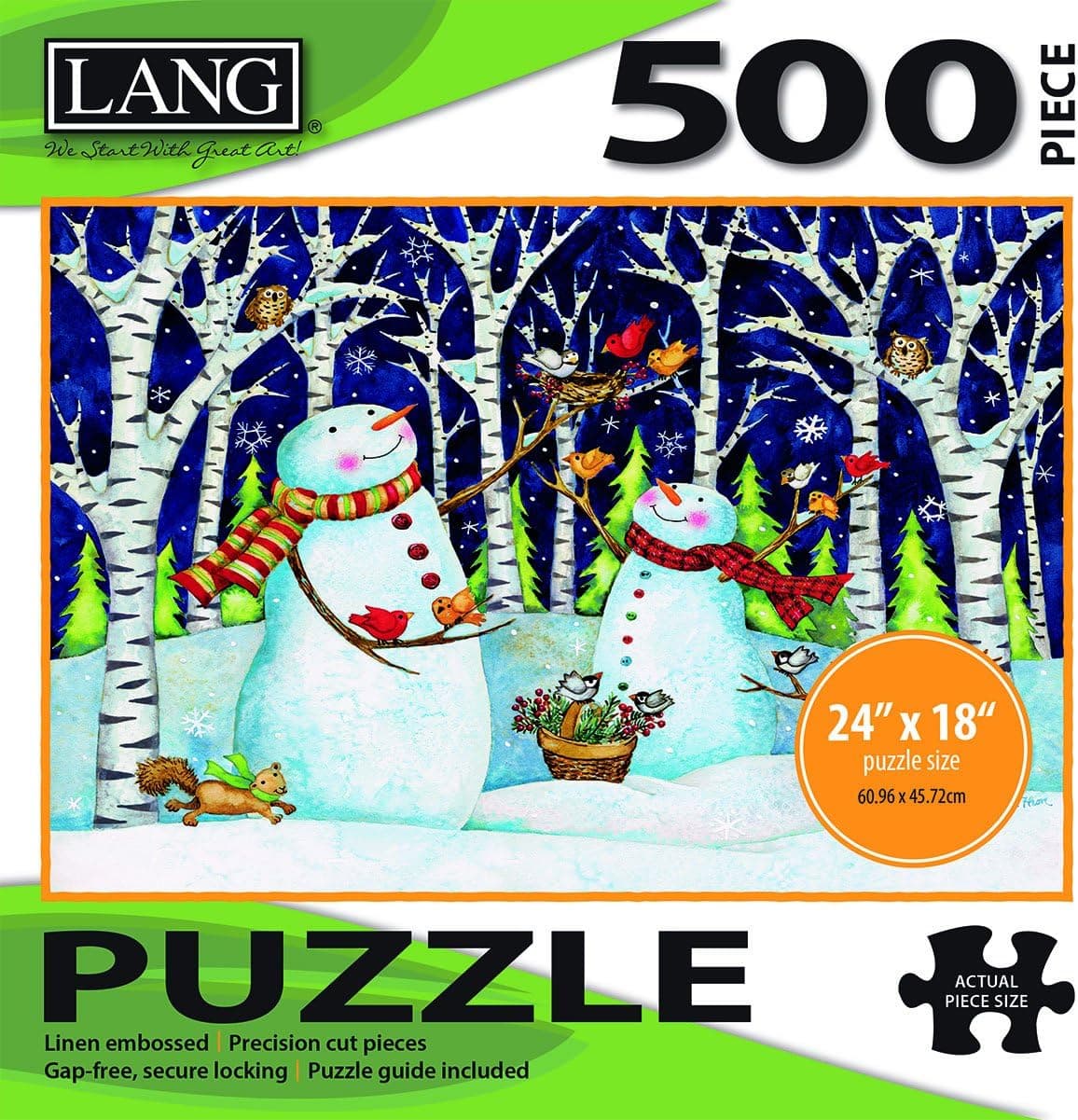 LANG - 500 Piece Puzzle -Birch & Snowmen, Artwork by Debi Hron - Linen Finish - 24" x 18" Completed